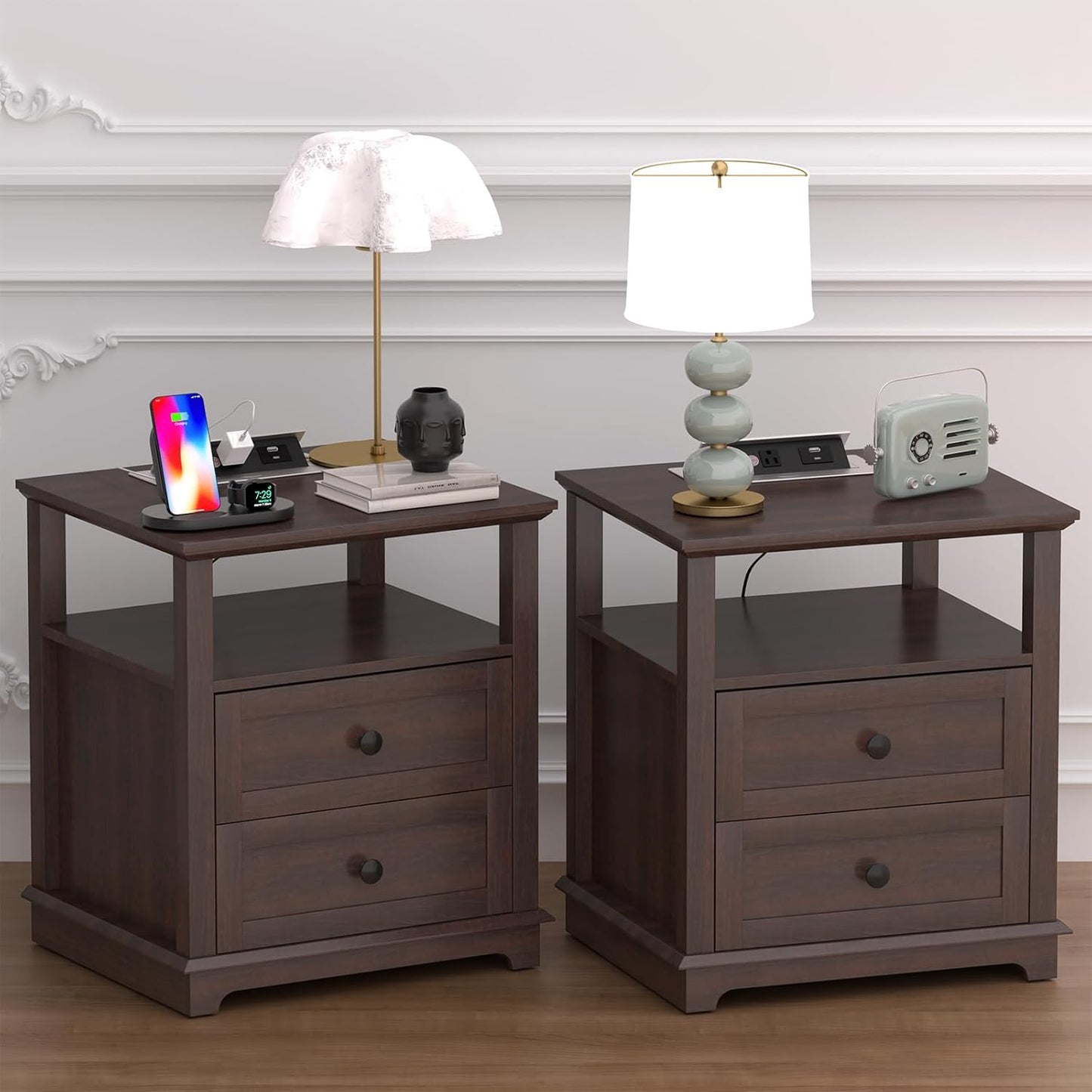 HIFYOBRO Large End Table Set of 2, 2 Drawers and Charging Station, Type-C & USB Port & Power outlets, Wooden End Table, Side Table with Storage for Living Room and Bedroom (Espresso)