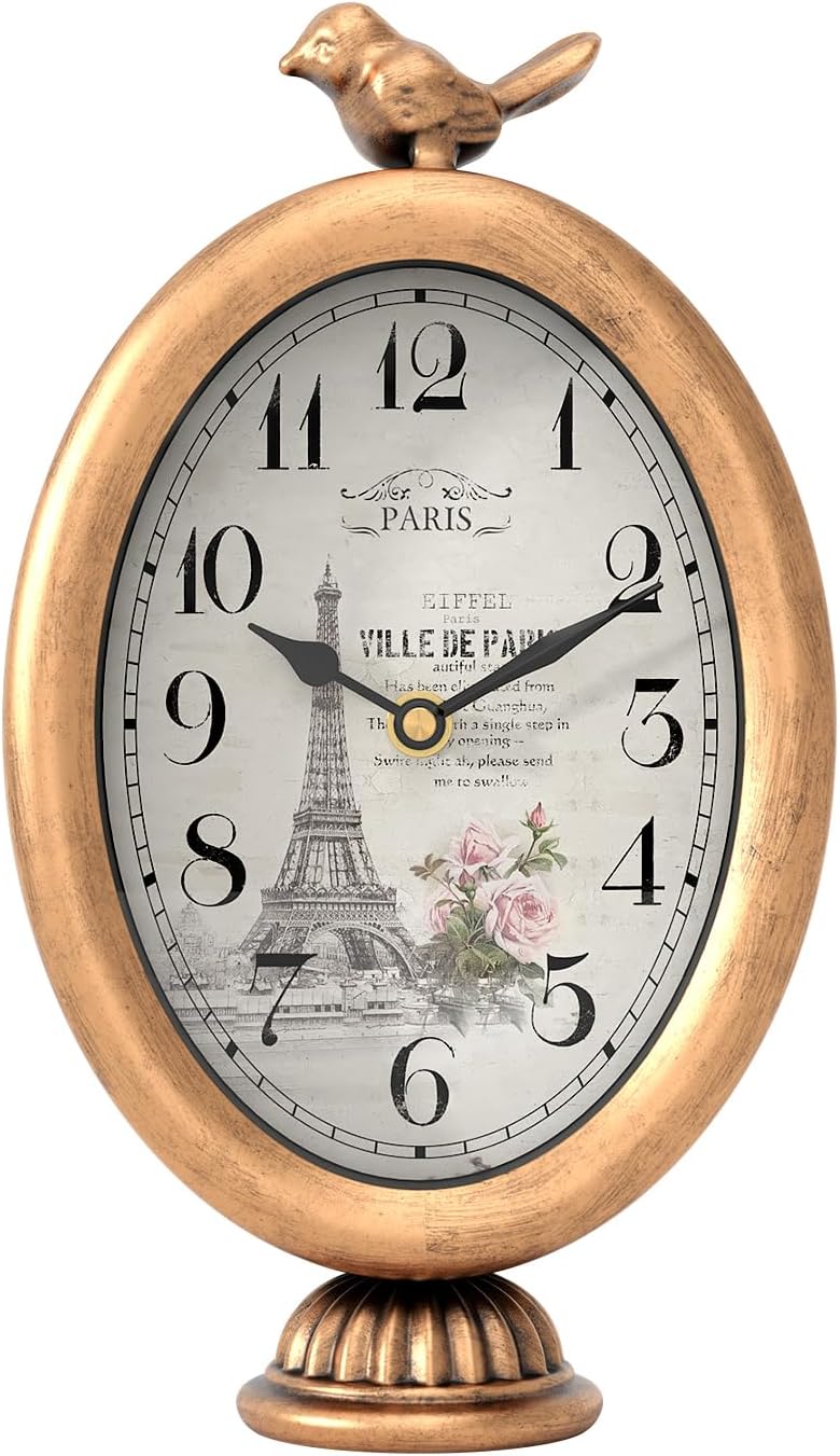 Vintage Table Clock with Bird, Desk and Shelf Decor Clock, French Paris Style, Antique Gold Metal Mantel Clocks for Living Room, Farmhouse, Bedroom, Bedside, Gift (10" H x 5.9" W)