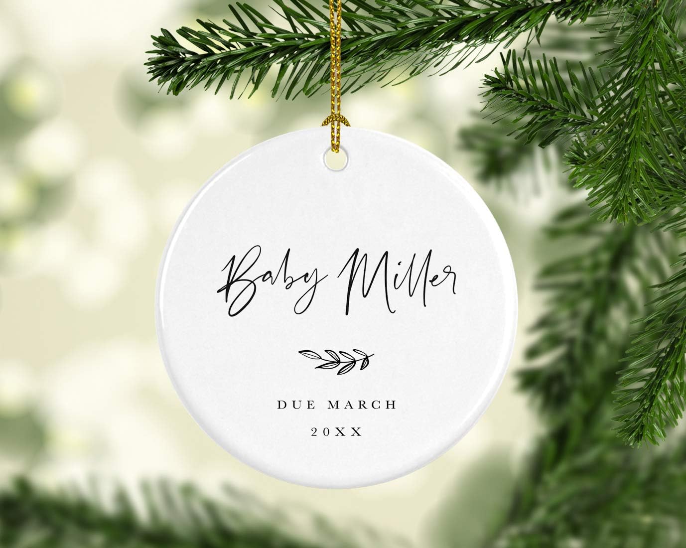 Andaz Press Personalized Round Ceramic Porcelain Christmas Tree Ornament Keepsake Collectible Gift for New Baby, Baby Miller Due March 2024, Antique Handdrawn, 1-Pack