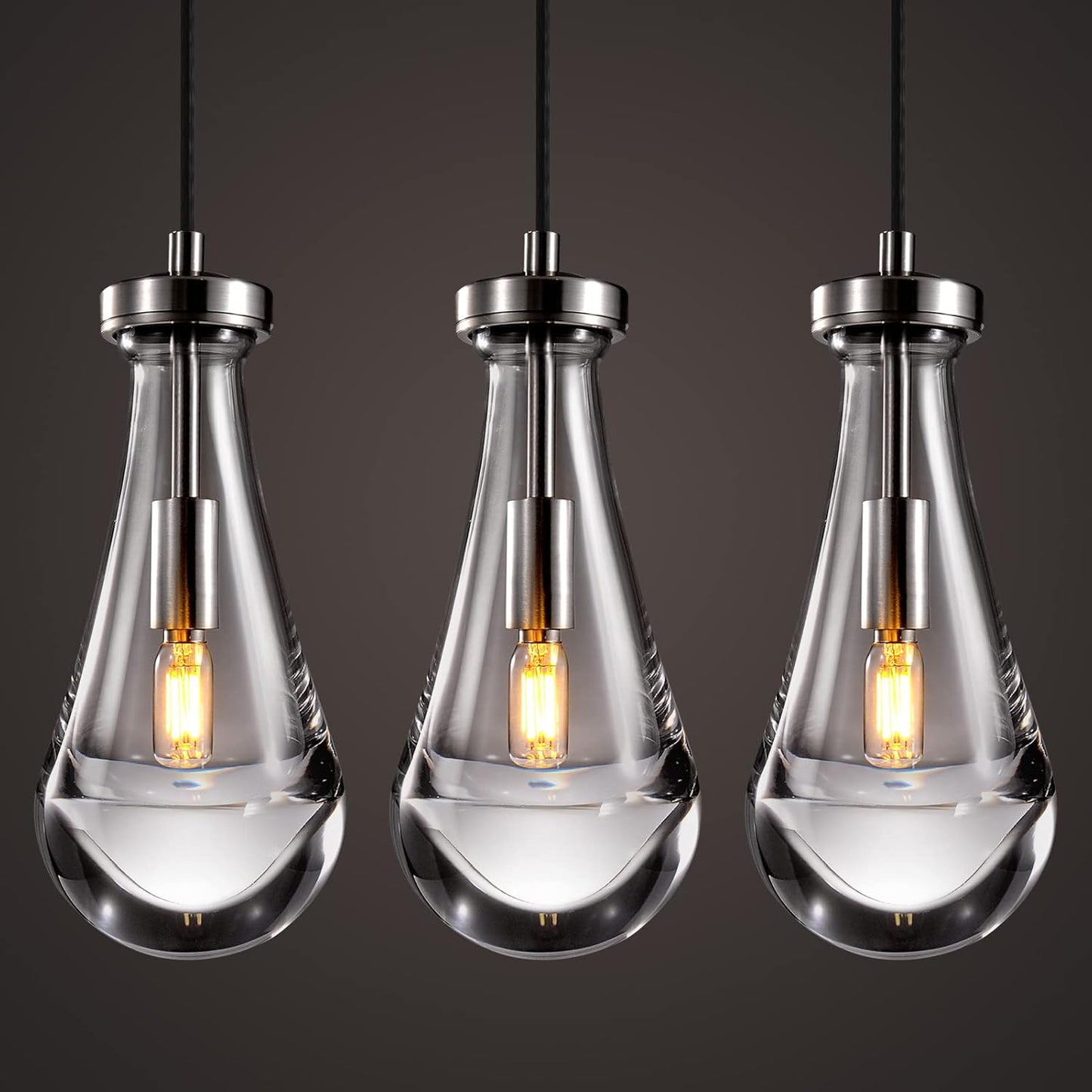 Raindrop Pendant Lights Set of 3, Modern Pendant Lights Kitchen Island 3 Pack, Brushed Nickel Island Light, Pendant Light for Bedroom Bathroom, Chandelier for Living Room Hallway
