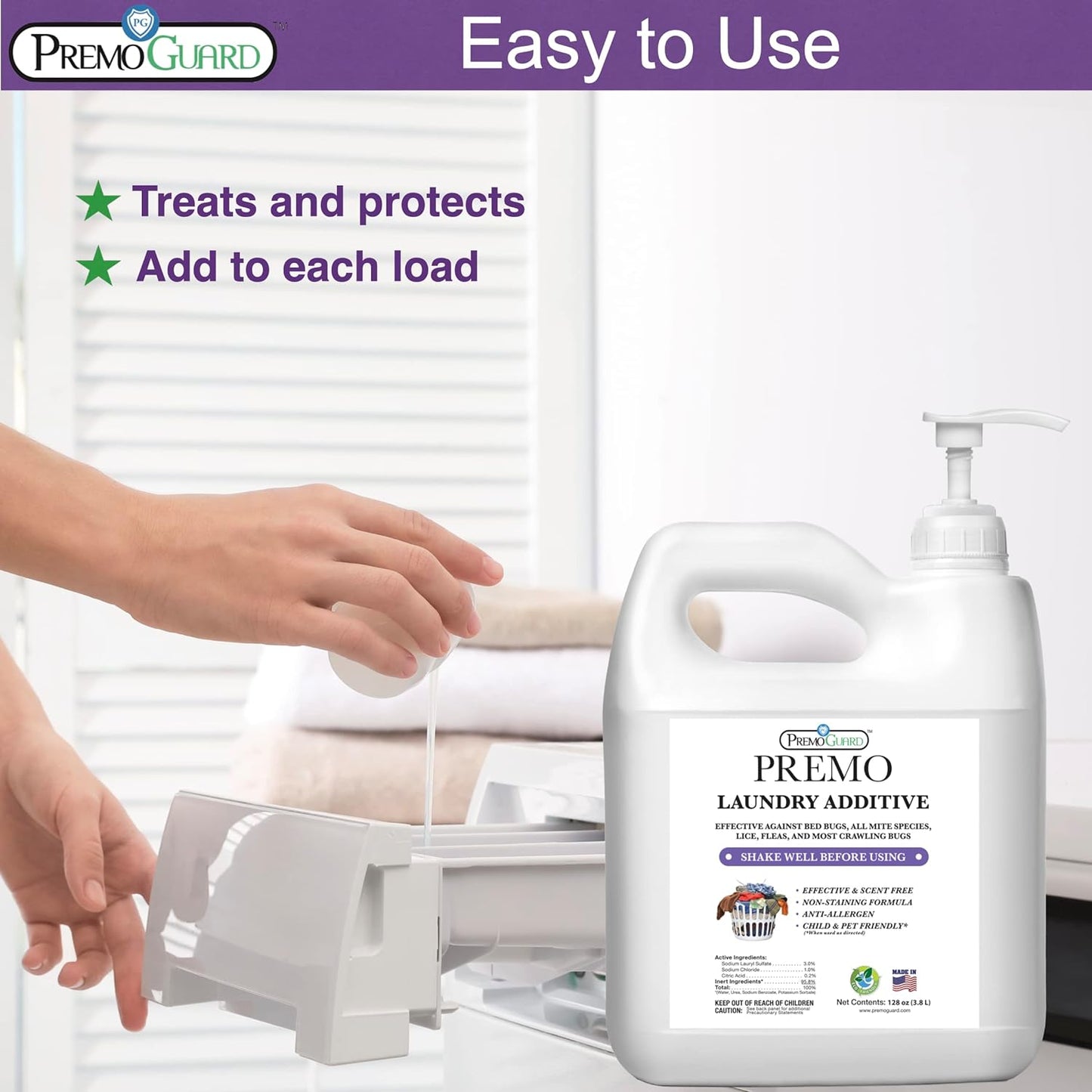 Premo Guard Bed Bug, Mite & Lice Laundry Detergent Additive 128 oz – Child & Pet Friendly – Stain & Odor Free – Best Natural Non-Toxin Treatment
