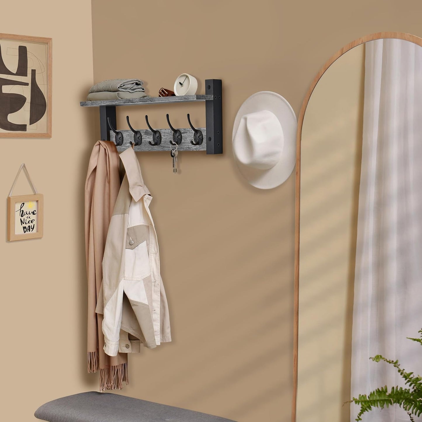 Sorbus Coat Hooks Wall Mount with Shelf – 16 Inch Coat Rack Wall Mount with 5 Heavy Duty Hooks – Floating Wall Shelf with Hooks for Entryway, Bathroom, Bedroom, Kitchen, or Mudroom (Gray)