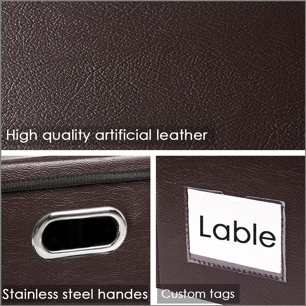 PRANDOM Foldable Storage Bins with Lids [5-Pack] Leather Fabric Collapsible Storage Boxes Organizer Containers Baskets Cube with Cover for Bedroom Closet Office Nursery Brown (14.9x10.8x10)