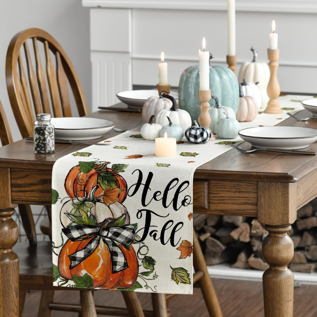 Artoid Mode Pumpkins Bowknot Maple Leaf 210 GSM Fall Table Runner, Seasonal Autumn Kitchen Dining Table Decoration for Home Party Decor 13x48 Inch