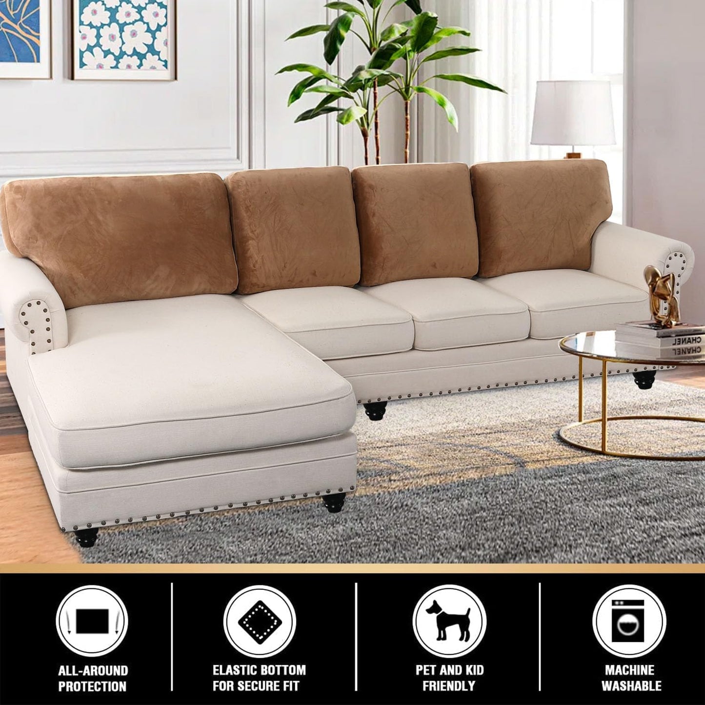 PrinceDeco Velvet Cushion Covers for Sectional Couch, Camel