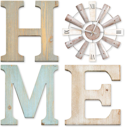 ZAZIWZ Farmhouse Home Signs with Windmill Clock Wall Decor Rustic Home Letters Wall Art for Living Room Kitchen Entryway Dining Room Bedroom (mix color)