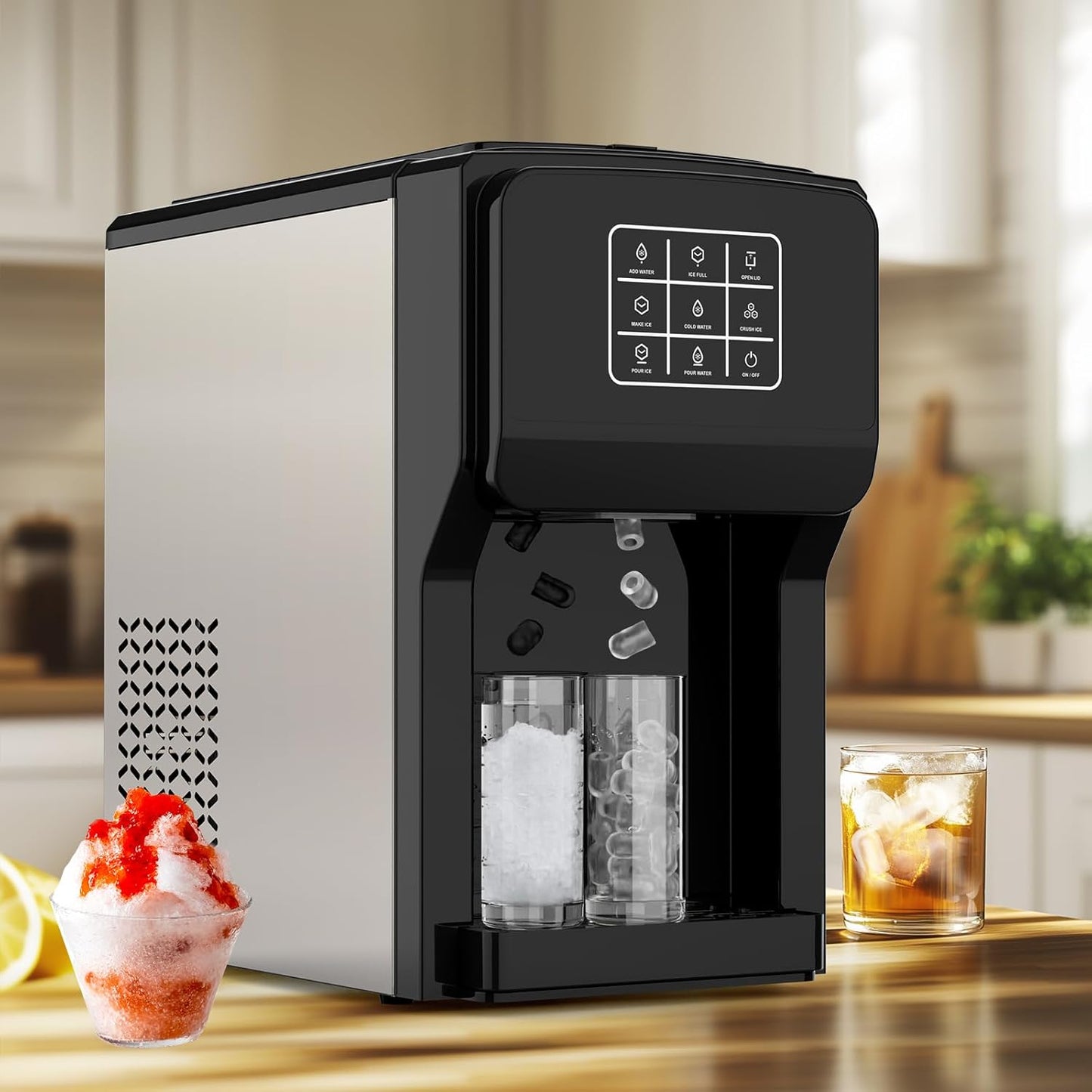 3 in 1 Water Dispenser with Ice Maker, Ice Maker Countertop, Bullet Ice, Crushed Ice, Water Cooler, 44Lbs/24H, 12 Ice/6Min, Self-Cleaning, 4Lbs Ice Storage, Home/Kitchen/Party/RV (Touchscreen)