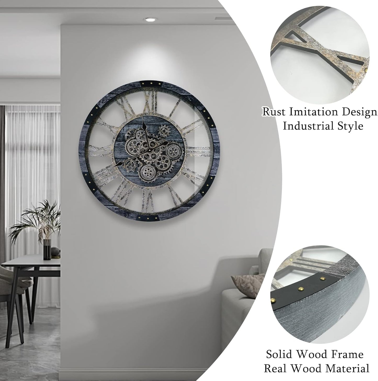 24 Inch Industrial Steampunk Wall Clock, Oversized Solid Wood Frame, Battery Operated, Large Wall Clock with Real Rotating Gears, Gray