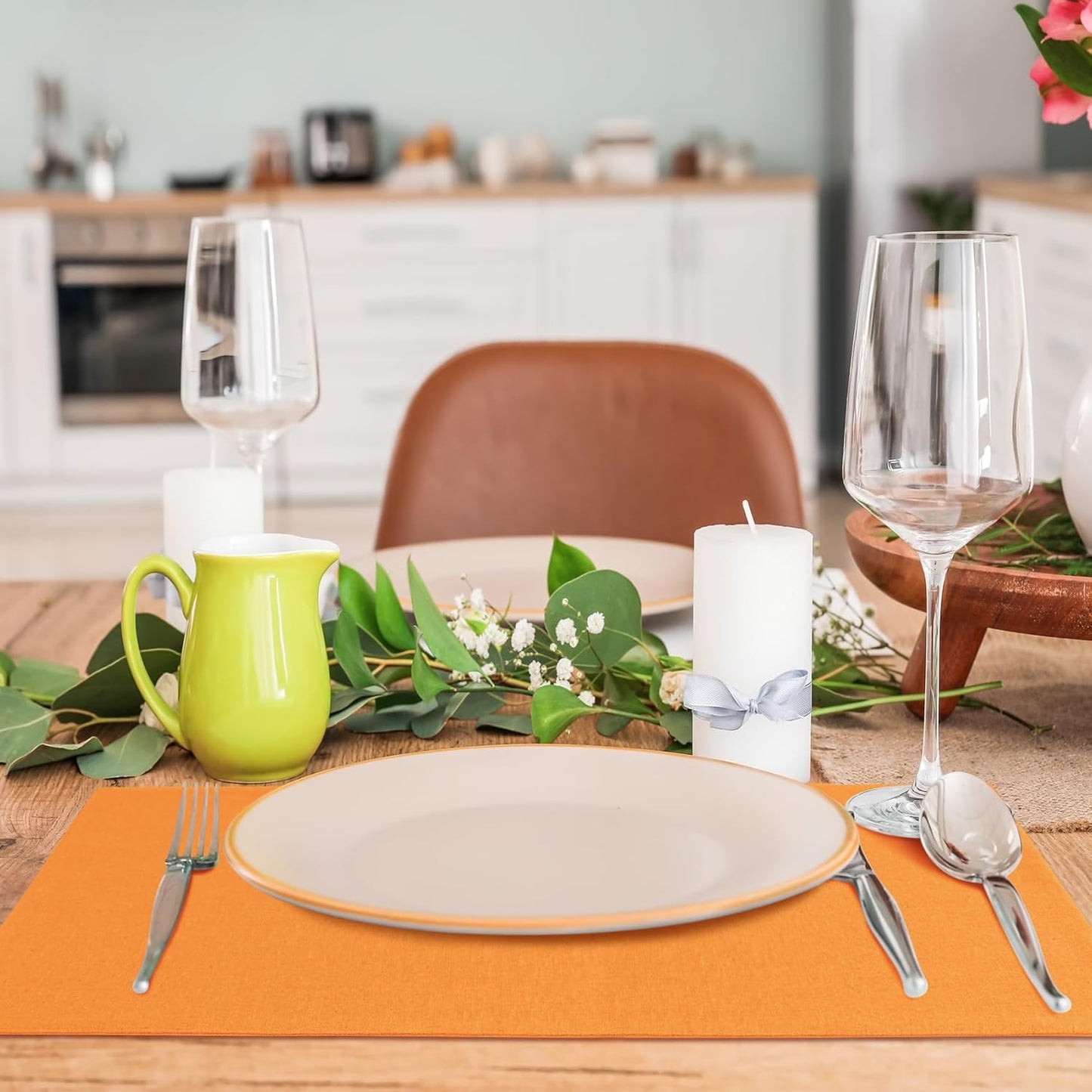 MANSPHIL Orange Cloth Placemats Set of 6, Double Layer Faux Linen Place Mats Heat Resistant Washable Table Mats for Dining Kitchen, 13x19 Inch