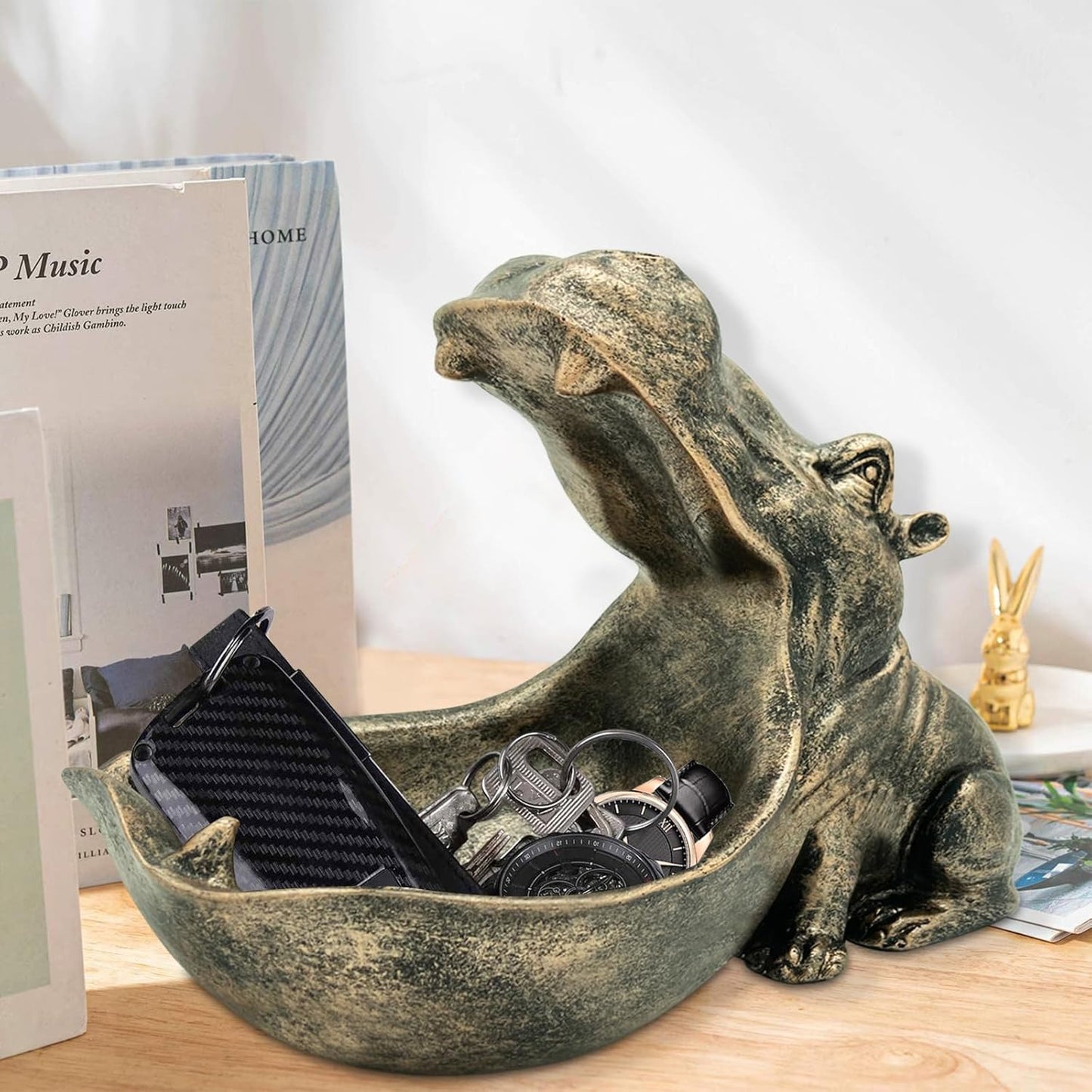 aboxoo Hippo Statue Home Resin Hippopotamus Figurine Sculpture Table Art Decoration Sundries Key Container Storage Box (Copper)