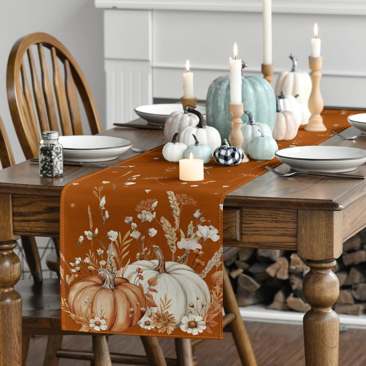 Artoid Mode Orange Pumpkins Leaves Flowers 210 GSM Fall Table Runner, Seasonal Autumn Kitchen Dining Table Decoration for Home Party Decor 13x90 Inch