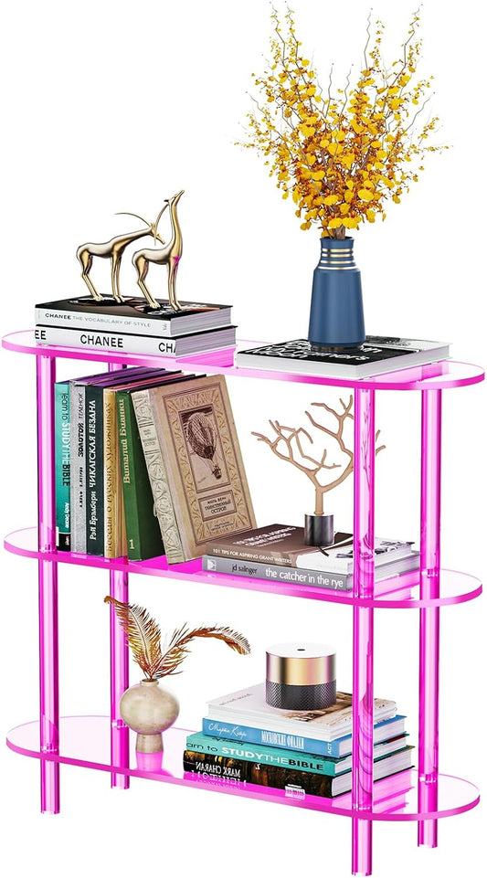 Clear Bookshelf, Acrylic Bookcase with Open Book Shelf Console Table for Entryway Office (3 Tier Pink)