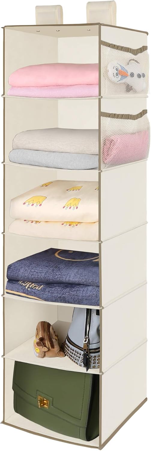 MAX Houser 6 Tier Shelf Hanging Closet Organizer, Closet Hanging Shelf with 2 Widen Straps for Storage, Foldable (Beige2)