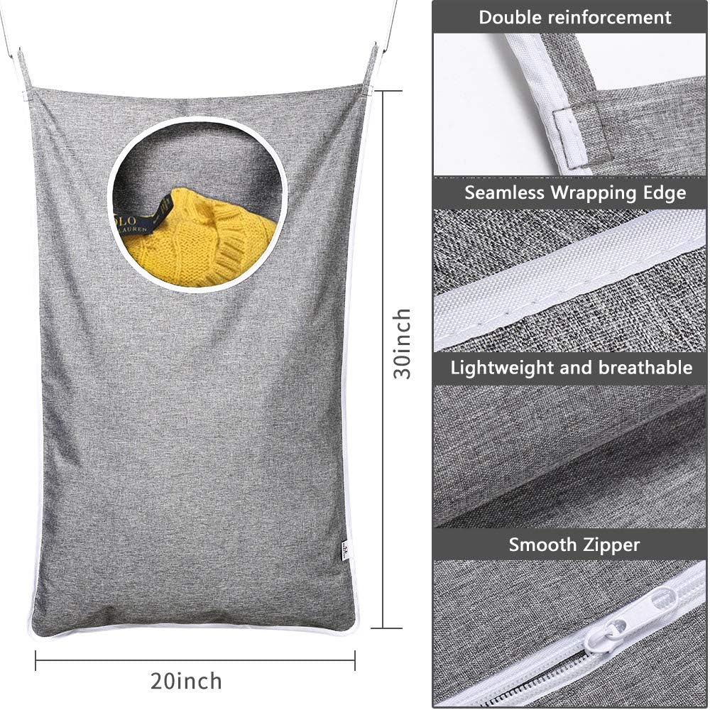 KEEPJOY Saves Space Door-Hanging Laundry Bag,Door Hanging Laundry Hamper with 2 Different Types of Hooks, Oxford Fabric Hanging Laundry Basket for Clothes Size 30"X20" -2 Pack Gray