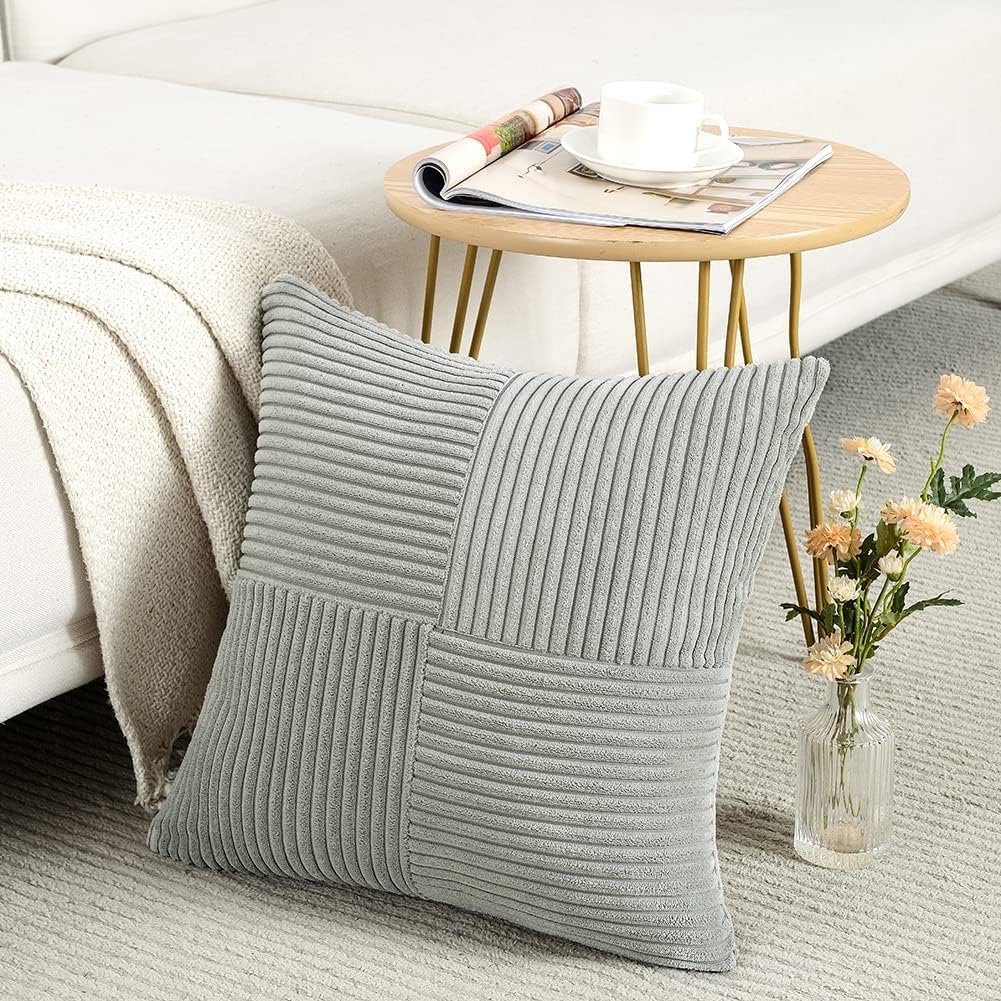 Fancy Homi 2 Packs Grey Decorative Throw Pillow Covers 16x16 Inch for Living Room Couch Bed Sofa, Rustic Farmhouse Boho Home Decor, Soft Corss Patchwork Corduroy Textured Square Cushion Case 40x40 cm