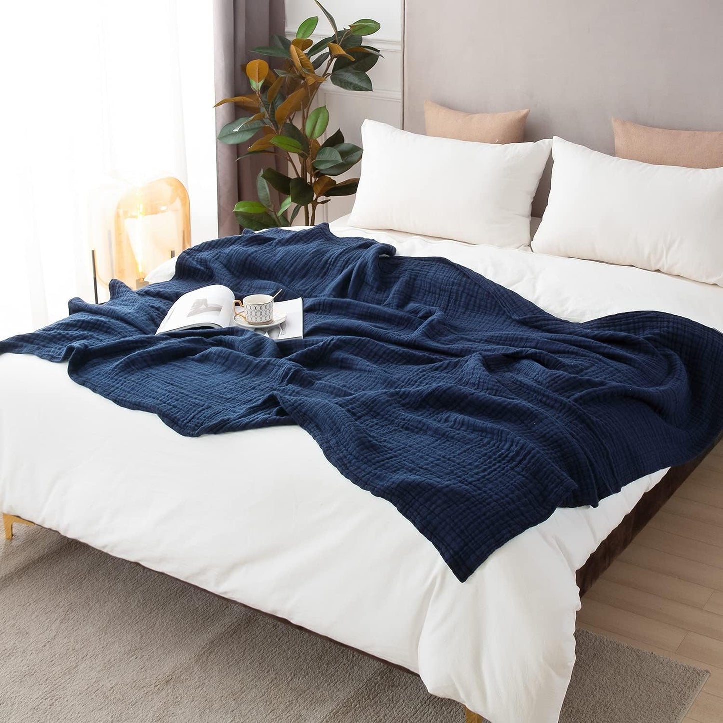 EMME Cotton Blanket Queen Size for Bed Soft Large Muslin Bed Blankets 90"x90" Lightweight Breathable All Season Gauze Blanket, Navy
