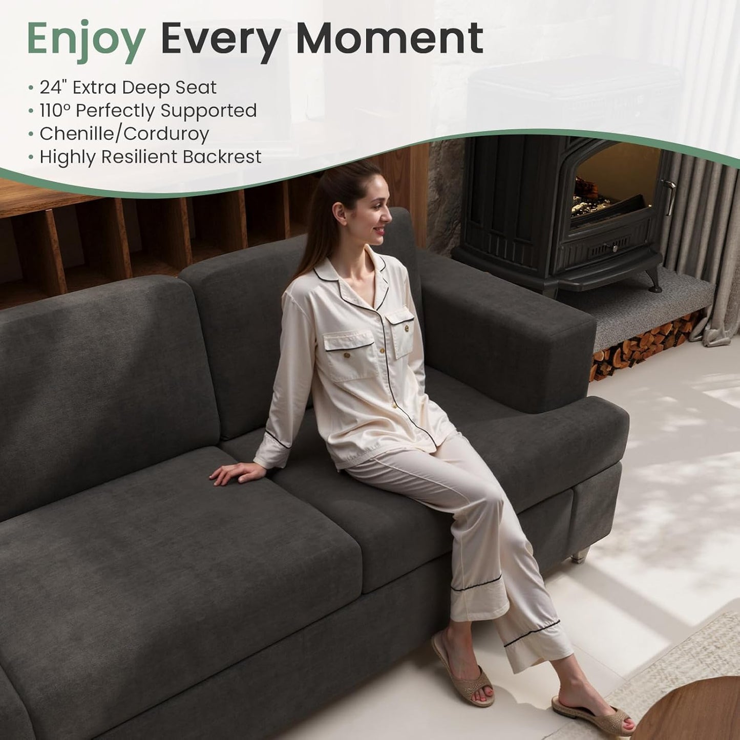 2 Piece Set Comfy Sofa Couch, 3 Seater & Loveseat Sofa with Deep Seats, Modern Sleeper Couch for Living Room, Dark Grey Chenille