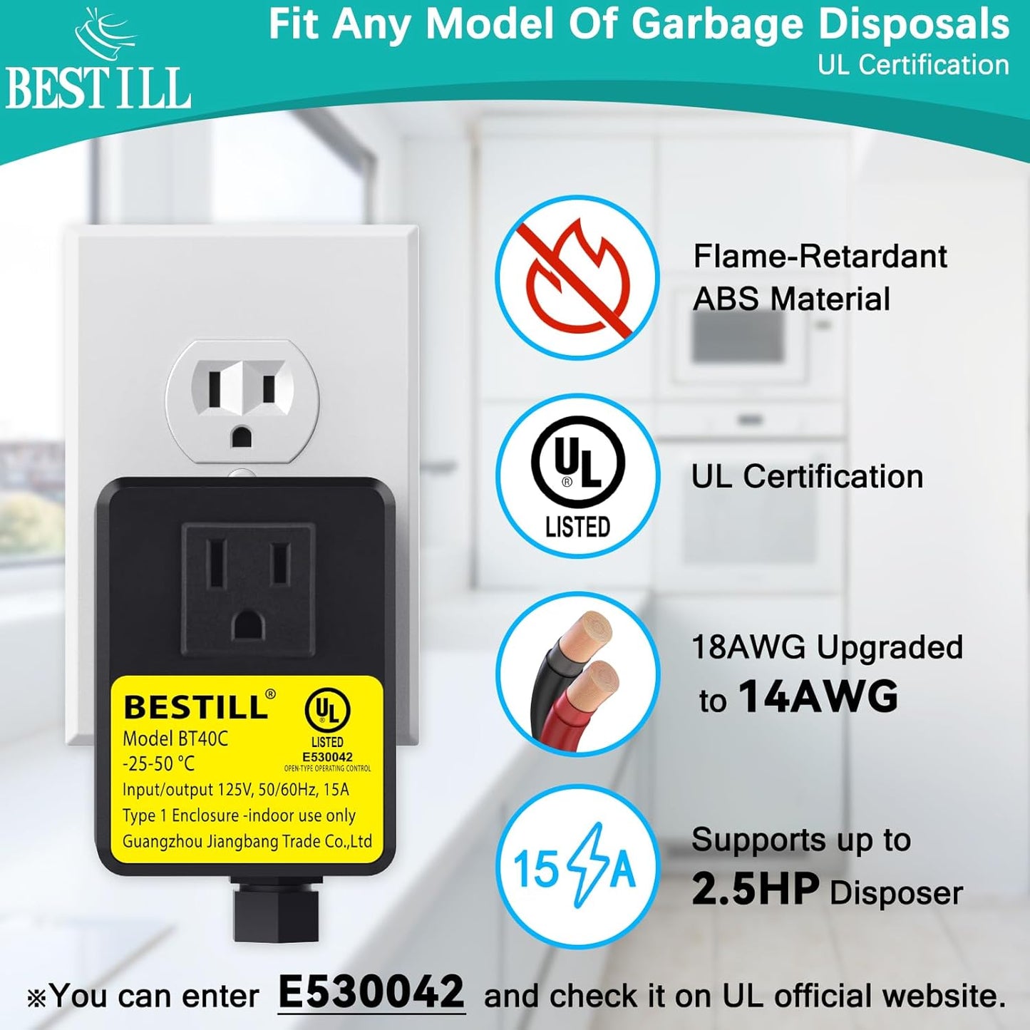 BESTILL Garbage Disposal Air Switch Kit - UL Listed, Brass 3.6" Long Push Button for Waste Disposer, Cordless Sink Top Switch Button, Brushed Gold, Compatible with all Garbage Disposals