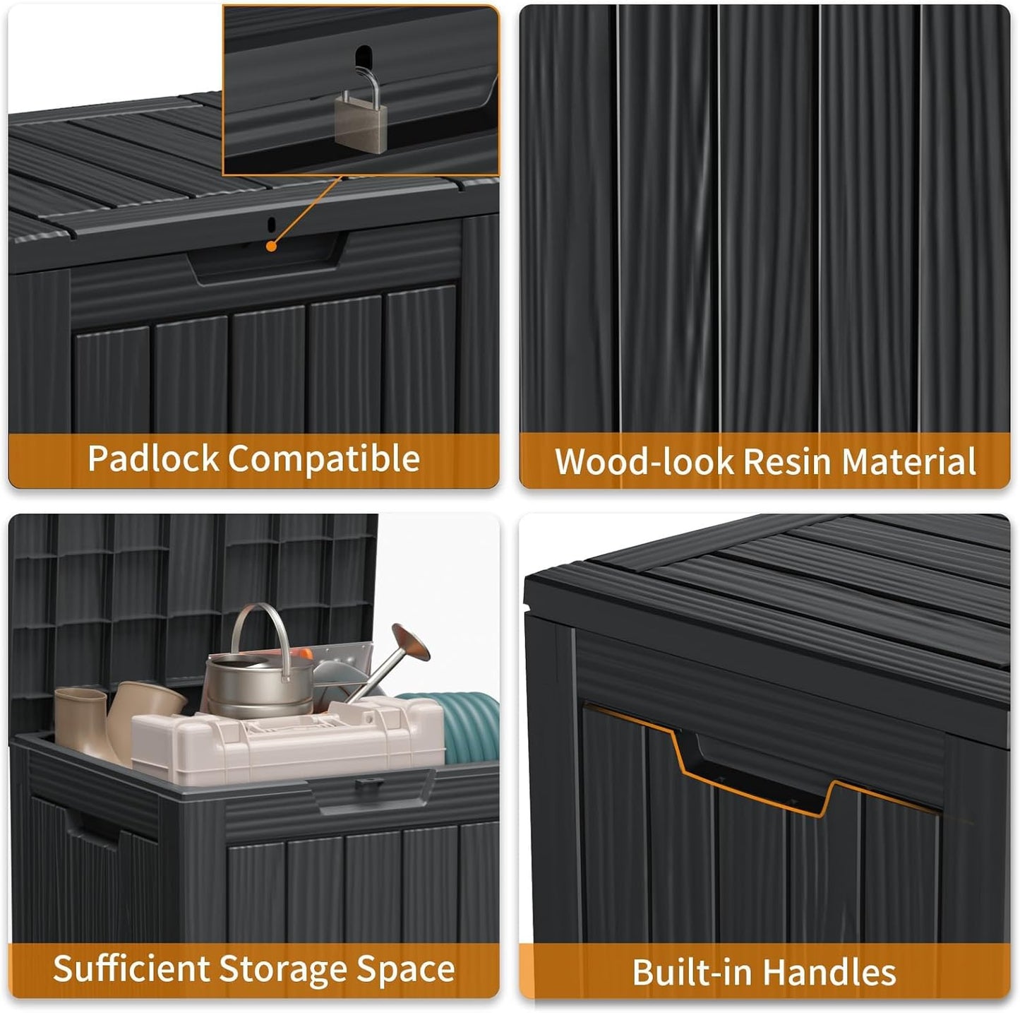 28 Gallon Outdoor Deck Box,Storage Lockable Waterproof Patio Furniture,Garden Tools,Cushions,Pool Accessories Outside Storage Resin Box(SM Black)