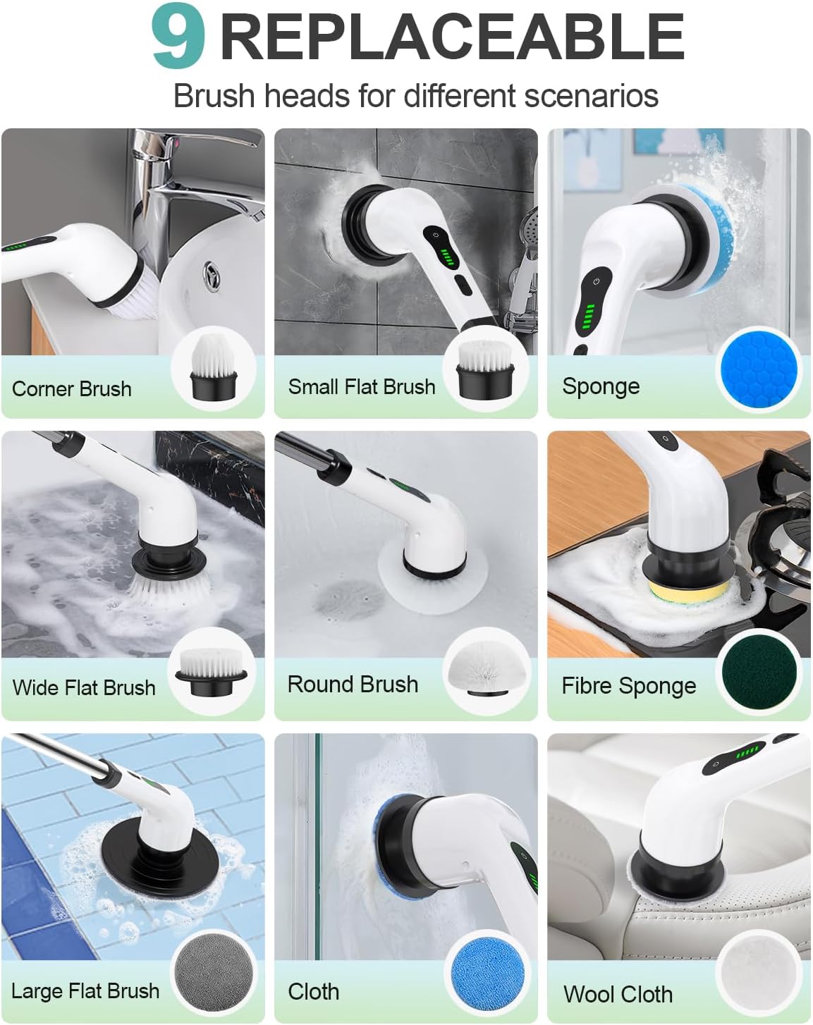 Electric Spin Scrubber, Cordless Shower Scrubber Rotary Floor Brushes & Pad Drivers with 9 Brush Heads - 2H Dual Speed, IPX7 Waterproof Extension Handle for Bathroom Tile Car Cleaning, Whtie-Q