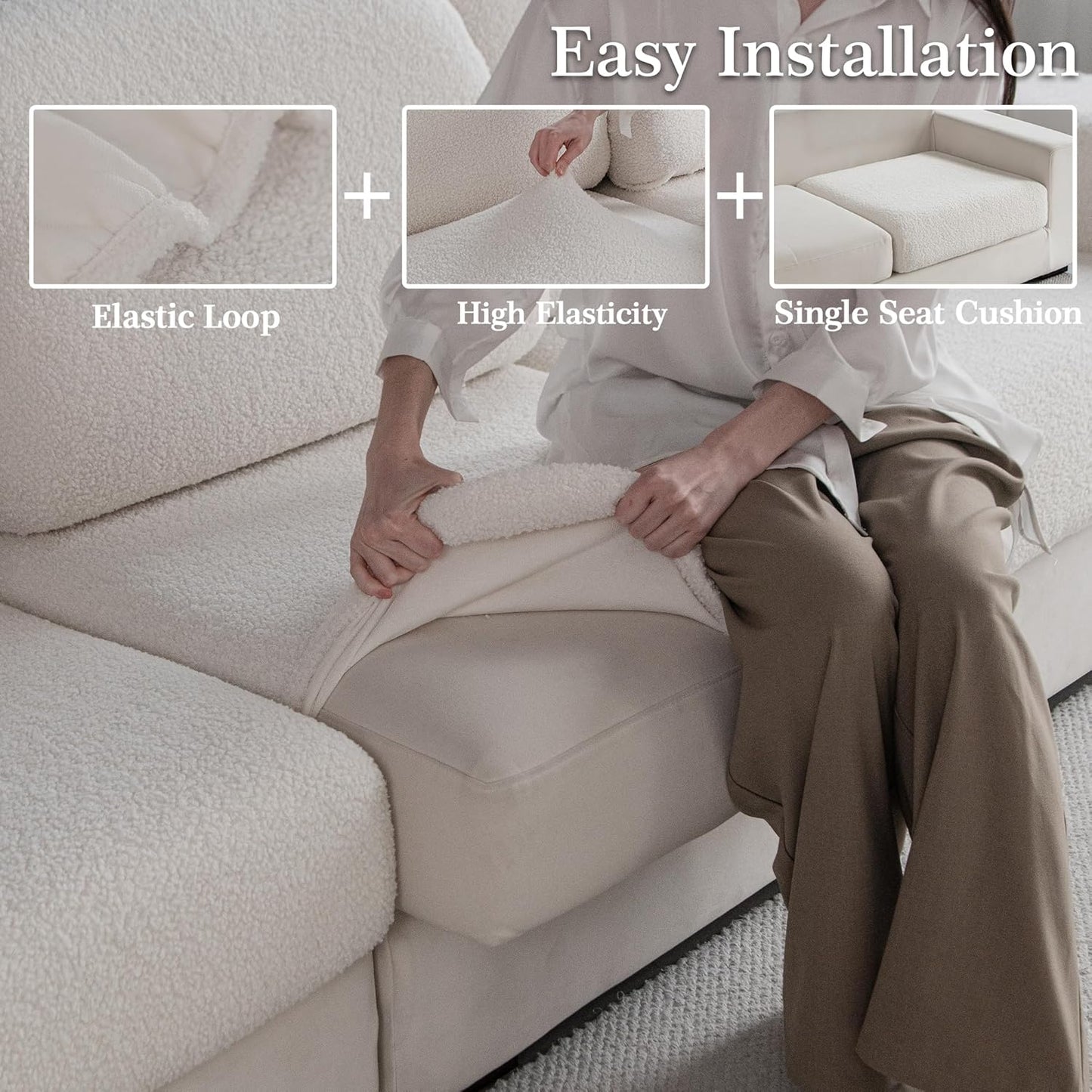 Couch Cushion Covers for Sectional Sofa, Stretch Soft Sofa Slipcovers Washable Wear-Resistant Universal Furniture Protector for Living Room(1 Piece Chaise Cover, Ivory)