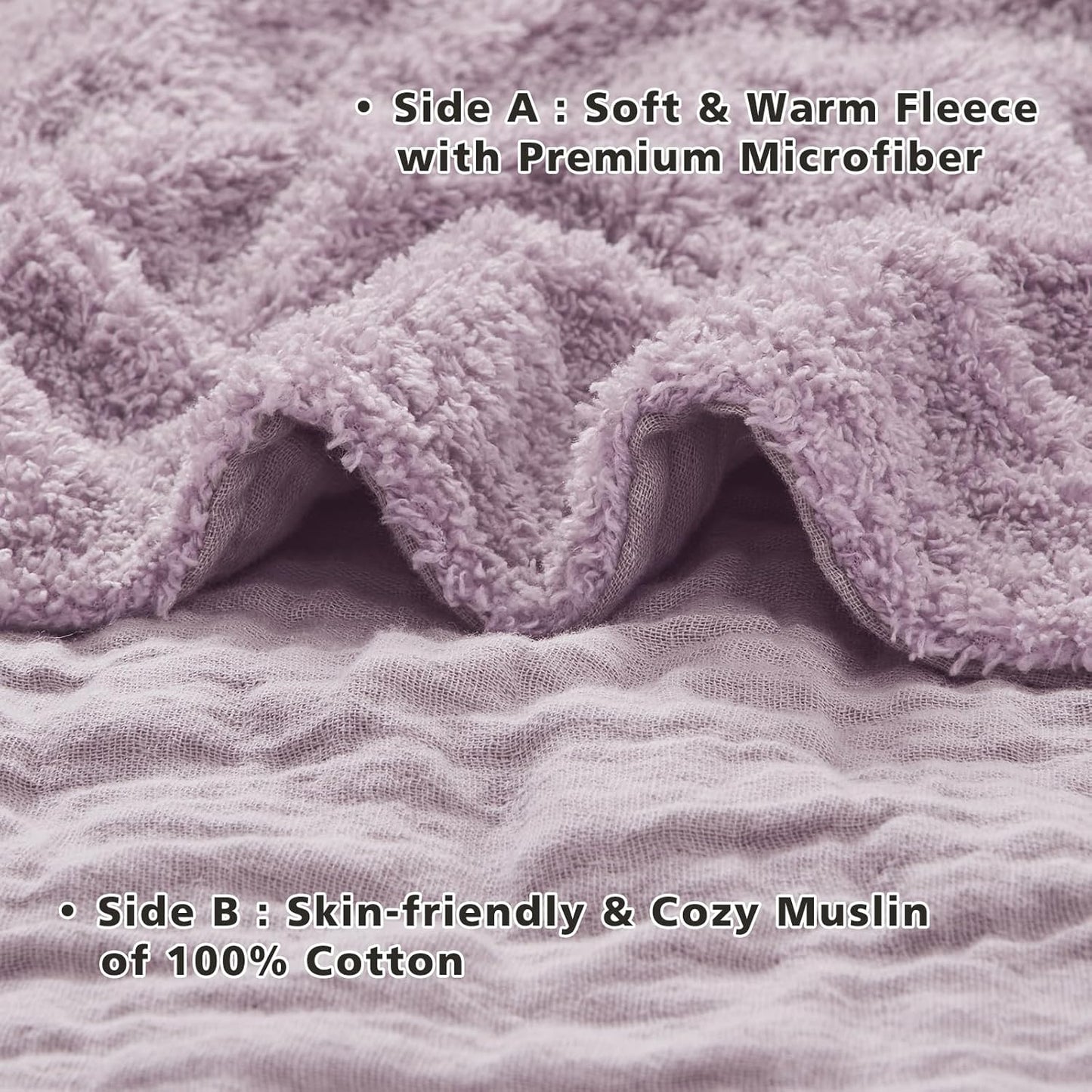 EMME Muslin and Fleece Throw Blanket Reversible - 50"*60" Lavender Soft Warm Throw Blankets for Couch Bed Picnic Travel Bed