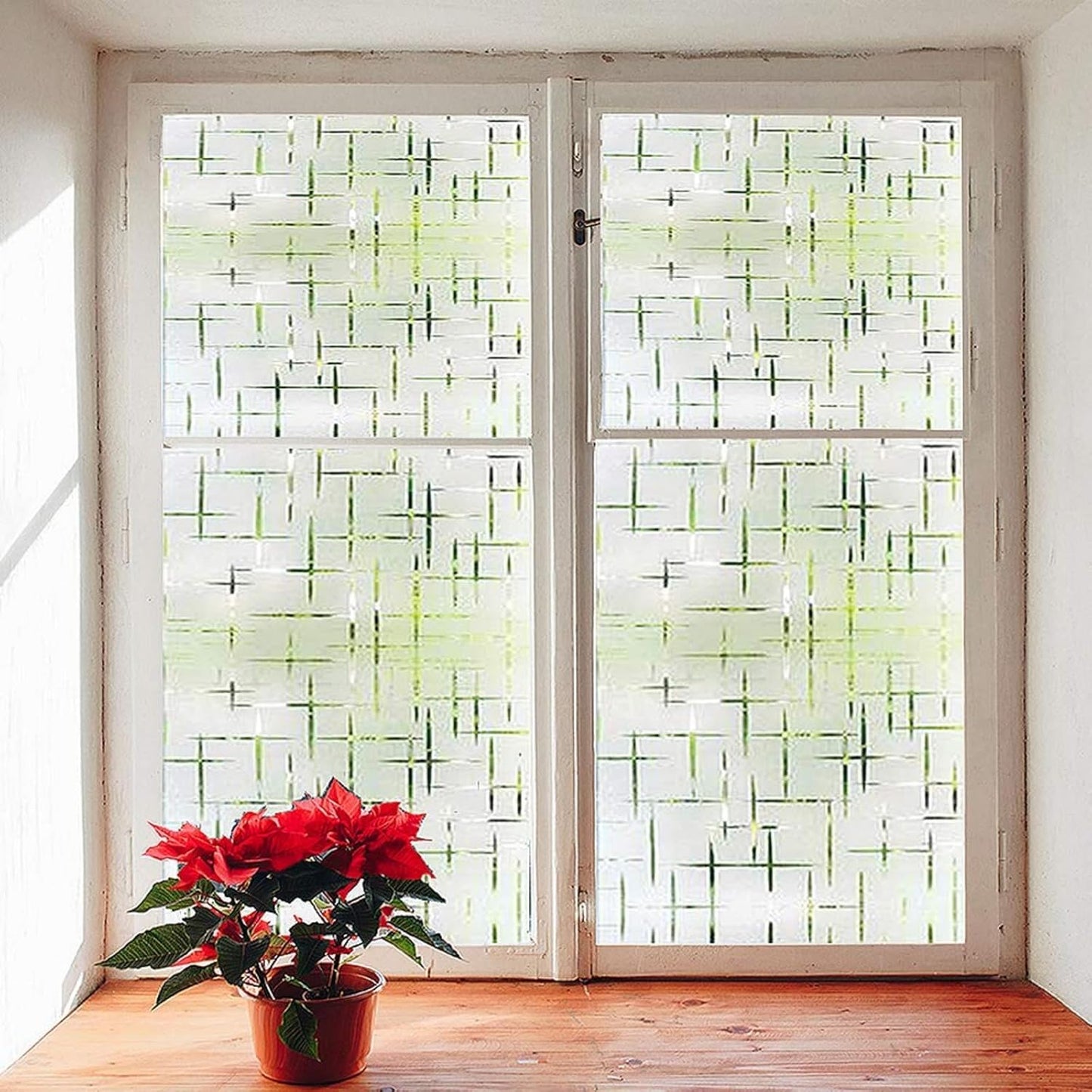 Finnez Frosted Window Film Non-Adhesive, Frosting Privacy Film for Glass Windows, Self Static-Cling Decorative Window Cling for Home Office UV Protection Cross Pattern, 35.4 x 157.4 inches