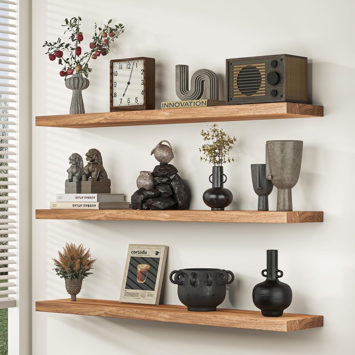 Floating Shelves for Wall, 32"W x 9.3"D x 1.5"H Rustic Solid Elm Wood Wall Shelves, Set of 2 with Invisible Heavy-Duty Metal Bracket, Deep Floating Shelf for Living Room Kitchen, Natural