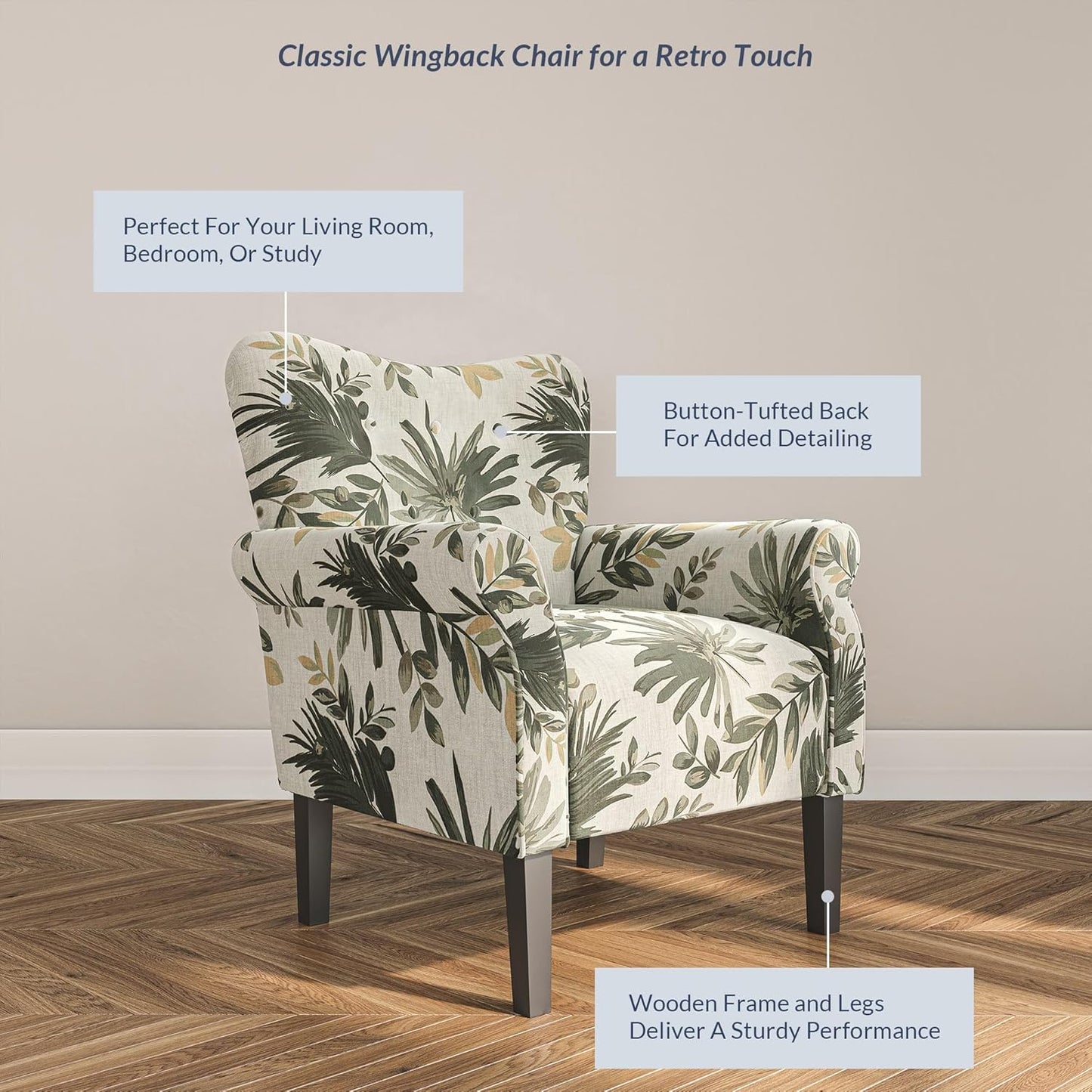 BELLEZE Modern Accent Chair for Living Room, High Back Floral Armchair with Wooden Legs, Upholstered Wingback Side Chair Padded Armrest Single Sofa for Living Room, Bedroom - Allston (Green Floral)