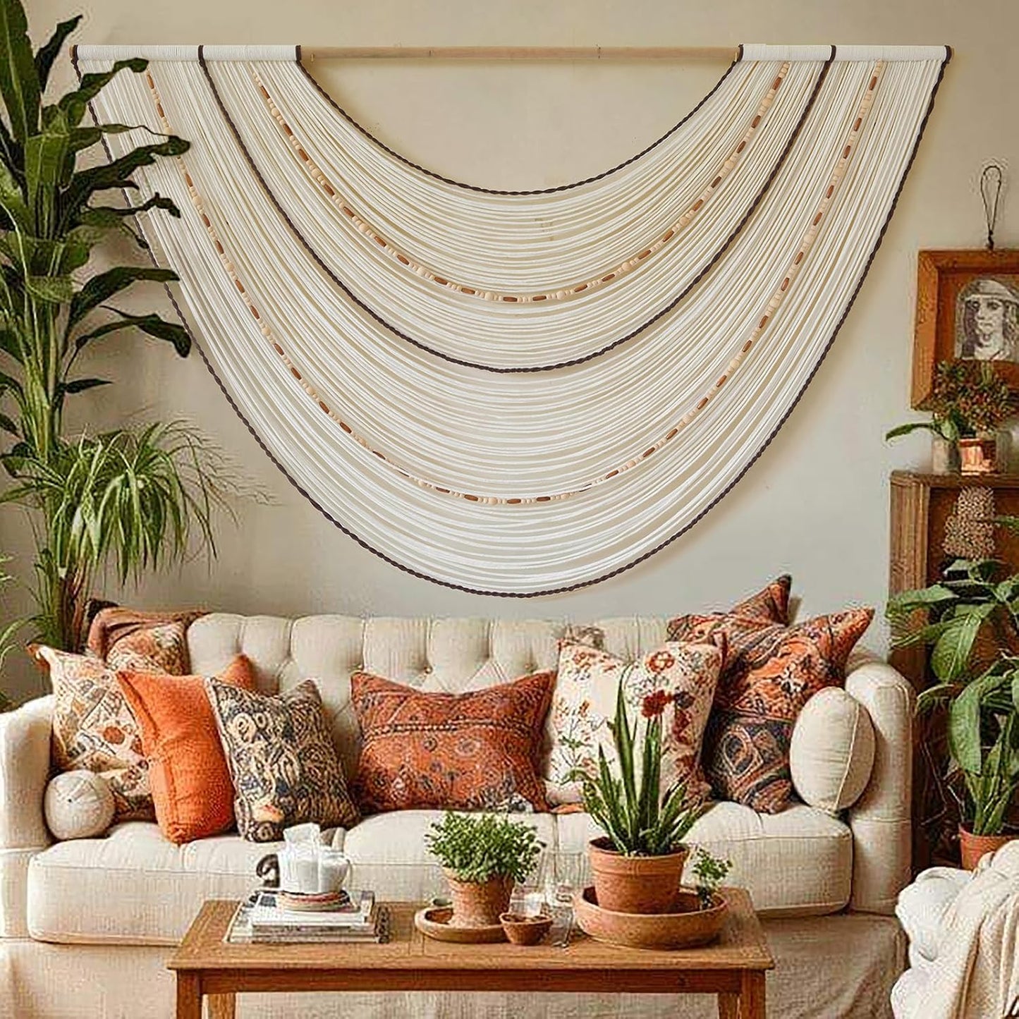 Macrame Wall Hanging Handcrafted Boho Wall Decor Bead Woven Wall Hanging for Bedroom, Living Room, Entryway, Farmhouse or Nursery Bohemian Home Aesthetic 57"x35"