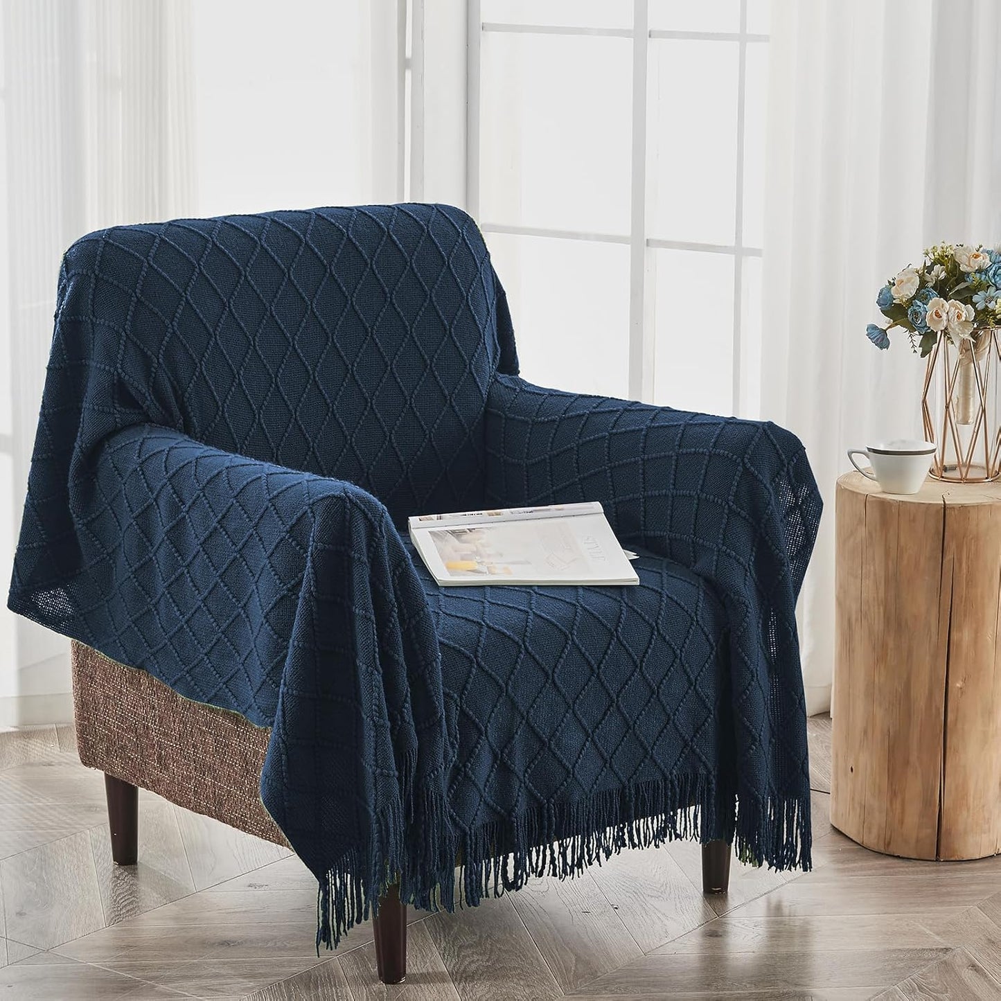 inhand Knitted Throw Blankets for Couch and Bed, Soft Cozy Knit Blanket with Tassel, Dark Blue Lightweight Decorative Blankets and Throws, Farmhouse Warm Woven Blanket for Men and Women, 60"x80"