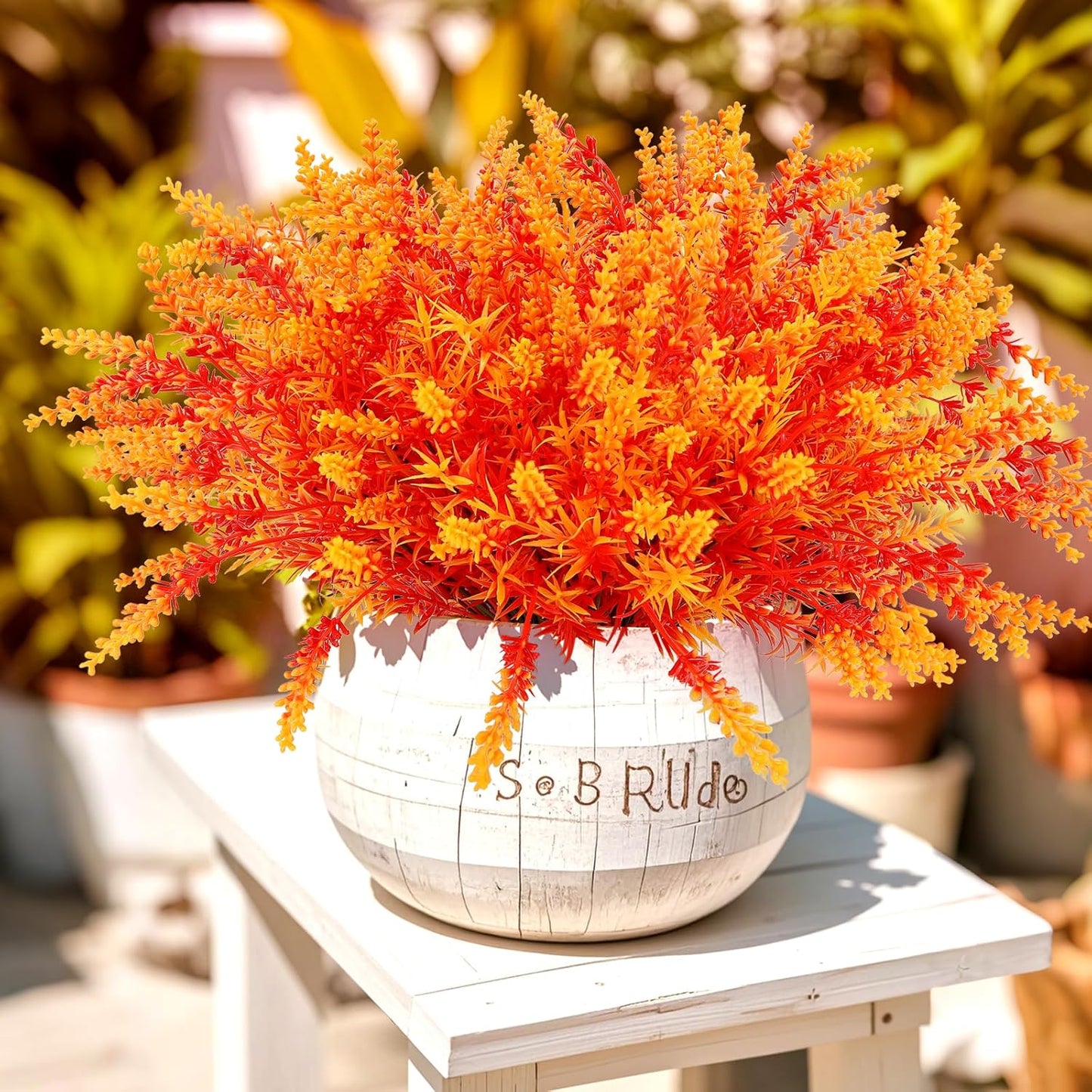 Geegoods 16 Bundles Artificial Fall Flowers Outdoor – Faux Lavender Flowers with Monkey Grass UV Resistant Plastic Faux Plants for Halloween Front Door Porch Patio Yard Balcony Decor, Orange Color