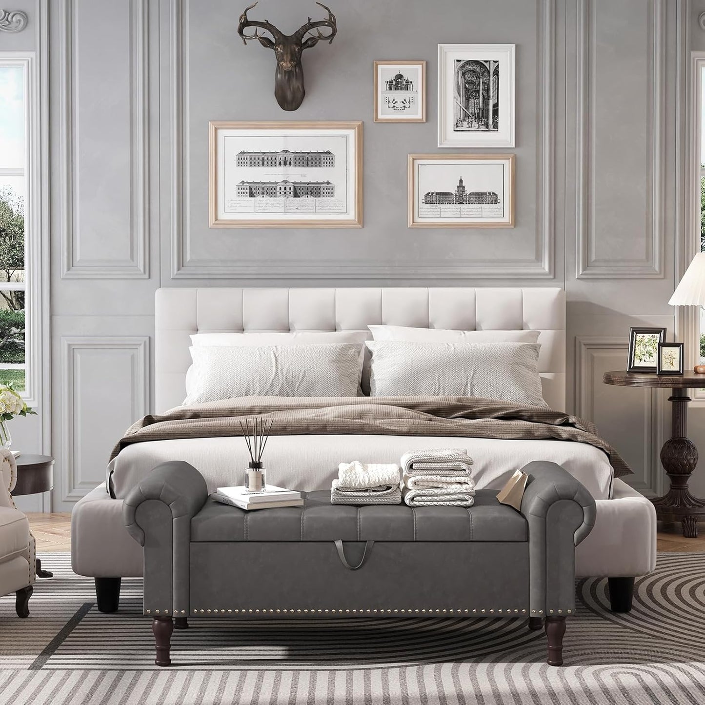 Apicizon 51”Bench with Storage, Upholstered Tufted Button Window Bench with Plenty Hidden Storage Space,Faux Leather Ottoman Bench for Bedroom, Living Room, Entryway，Gray