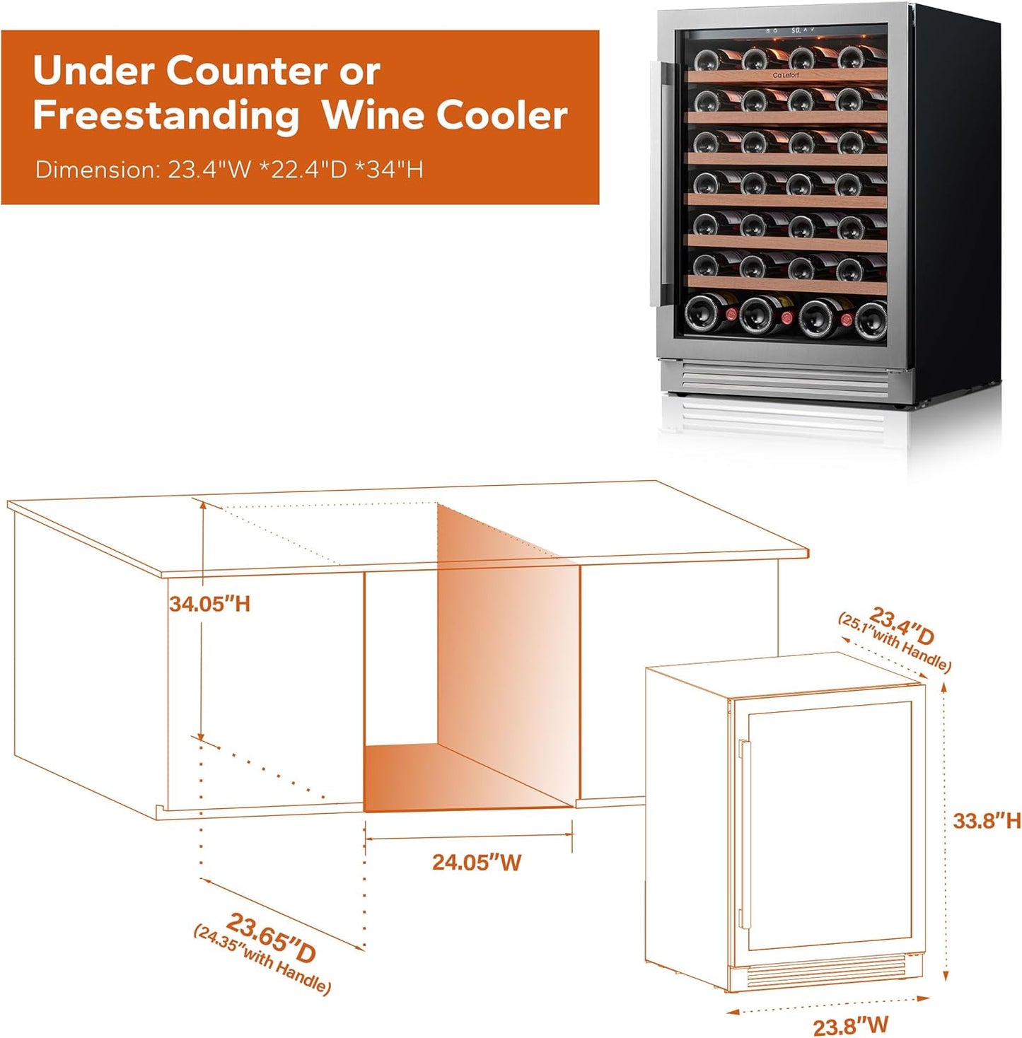 Ca'Lefort 24 Inch Wine Fridge, 54 Bottle Wine Cooler Refrigerator, 40-65°F Wine Refrigerator Glass Door, 3 LED Wine Fridge, Built-in or Freestanding Wine Fridge for Home/Bar/Kitchen (5.65 cu.ft)