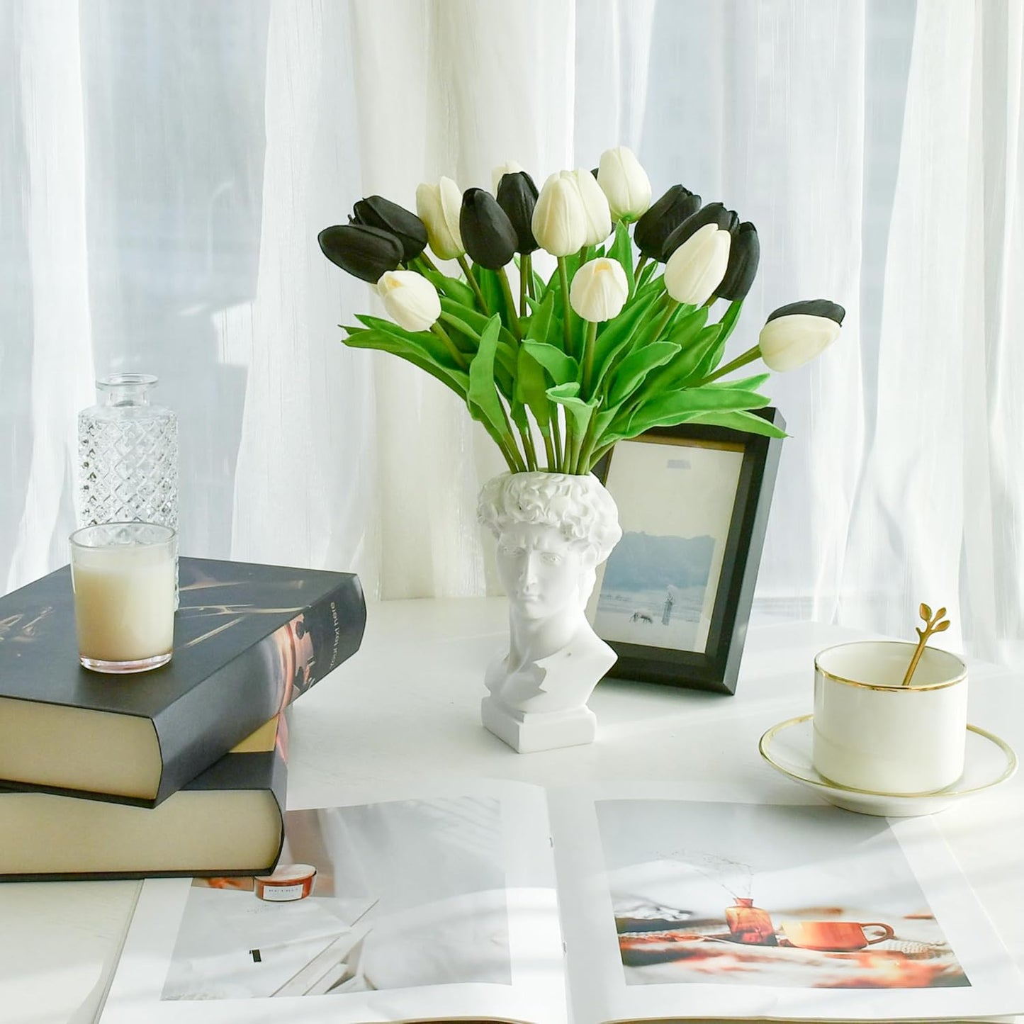 Mandy's Artificial Tulips 20 Stems Black and White PU Faux Flowers for Wedding Home Decor 13.5 Inch