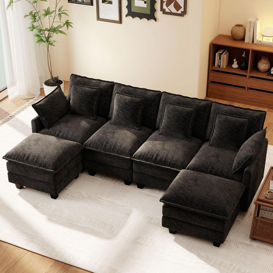 Ihanherry 106" L Shaped Modular Sectional Cloud Sofa, Modern 6 Seat Chenille Couch with Ottoman for Living Room, Bedroom and Apartment, Black