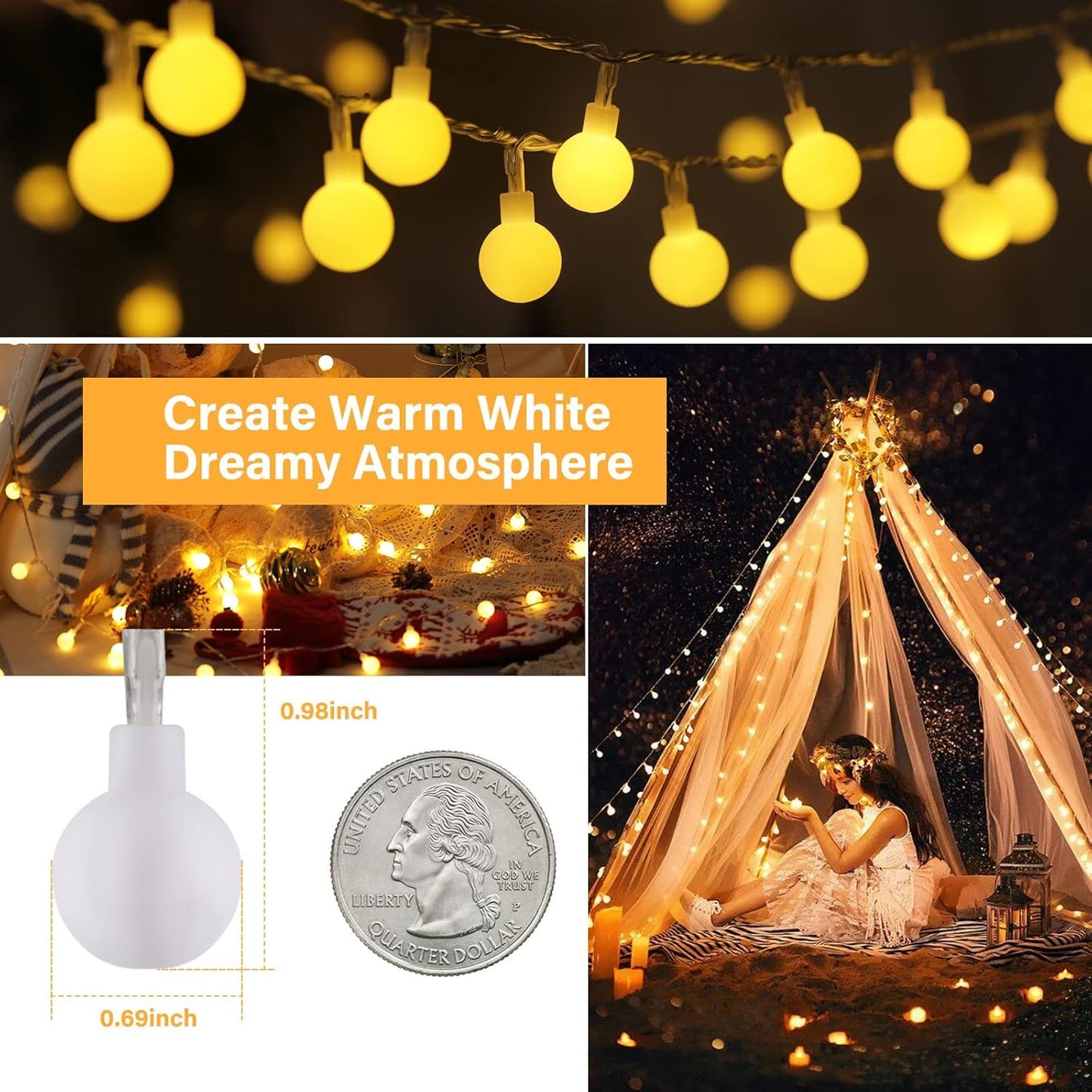 33Feet 100 LEDs Globe String Lights, 8 Modes USB Ball String Lights with Remote for Indoor/Outdoor Commercial Decor, Gardens, Patio, Wedding, Party, Bedrooms, Christmas Decorations, Warm White