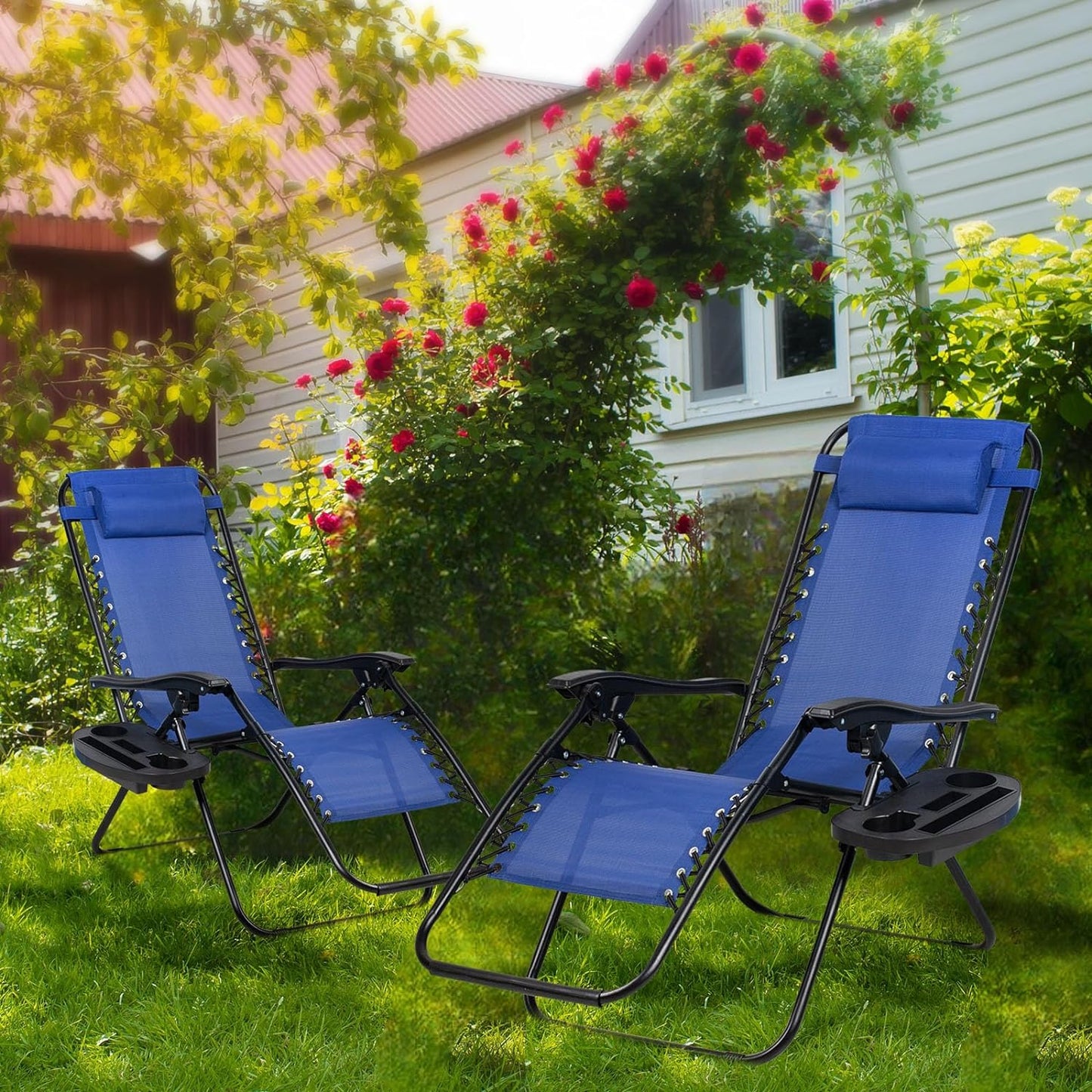 Nazhura Set of 2 Relaxing Recliners Patio Chairs Adjustable Steel Mesh Zero Gravity Lounge Chair Beach Chairs with Pillow and Cup Holder (Blue)