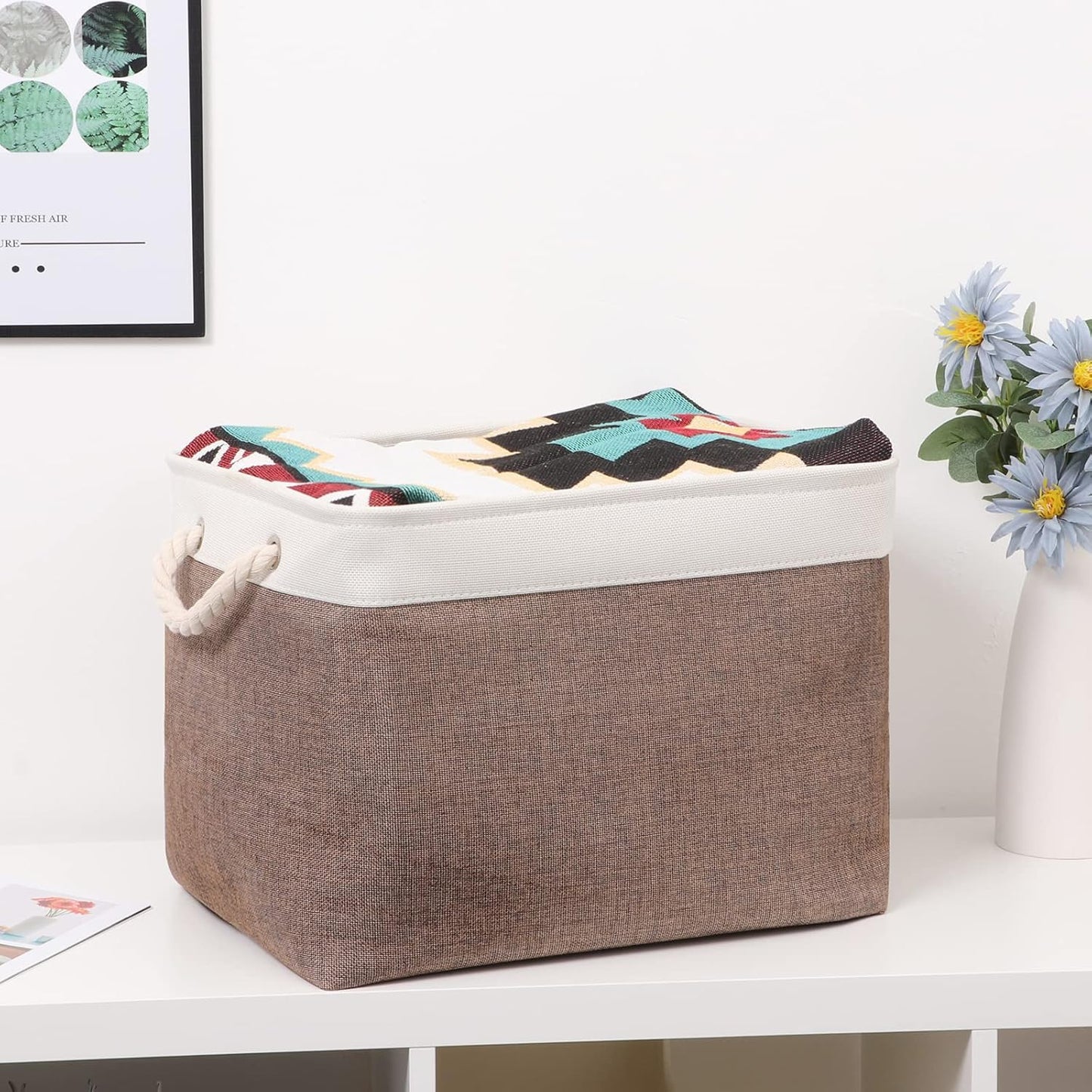 Bidtakay Large Storage Baskets with Handles for Organizing 16" x 11.8" x 11.8" Rustic Shelf Baskets [2-Pack] Foldable Clothes Baskets Fabric Collapsible Bins for Closet (White&Earthy Brown)
