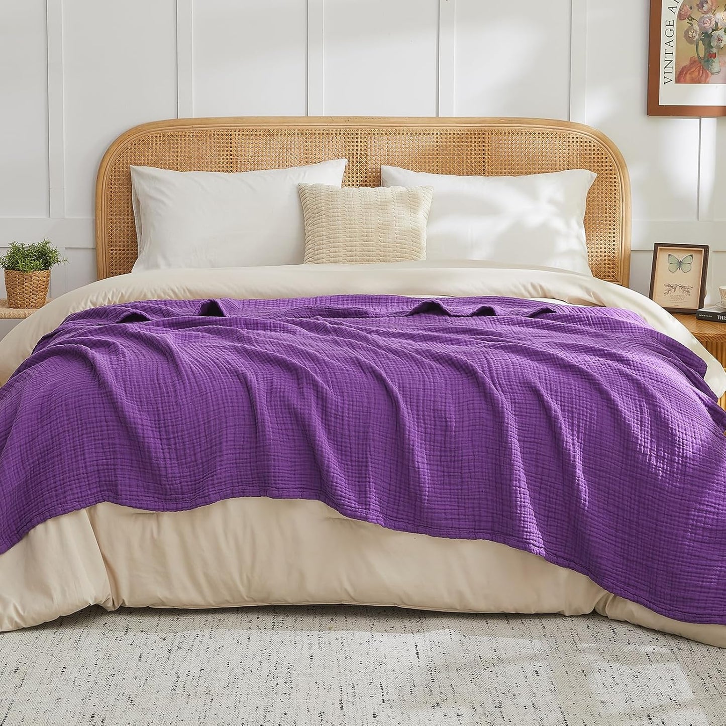 EMME Cotton Muslin Twin Blanket Breathable Gauze Blanket Soft Lightweight Blankets Adults Gifts for Women (Purple, 60"x80")