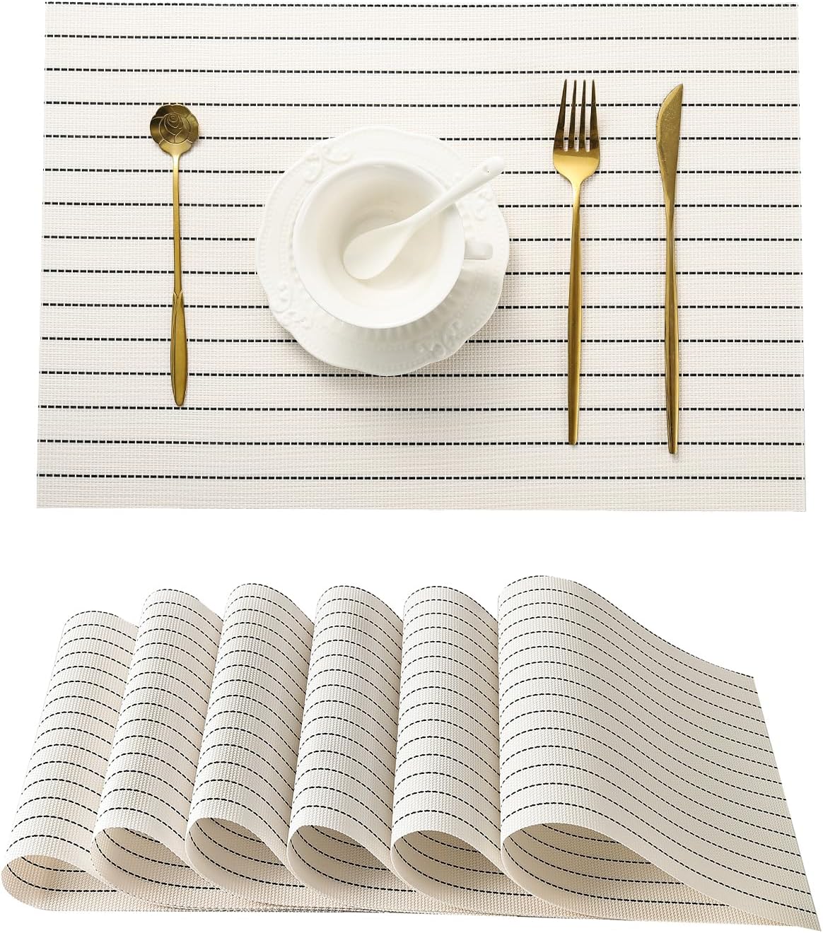 Leetaltree White with Black Stripes Placemats Set of 6 - Heat Resistant Non-Slip Place mats for Dining Table, Washable Durable PVC Vinyl Woven Table Mats（White Stripes, 6）