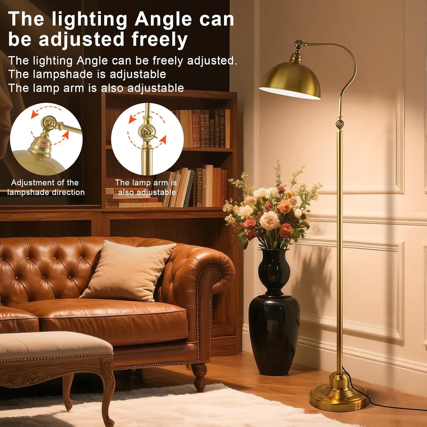 Bright LED Gold Reading Floor Lamp with Remote Control and Bluetooth Dimming,Living Room Bedroom Bedside Office Study Library Adjustable Standing Tall Lights, Unique Modern Brass Home Decor Essentials