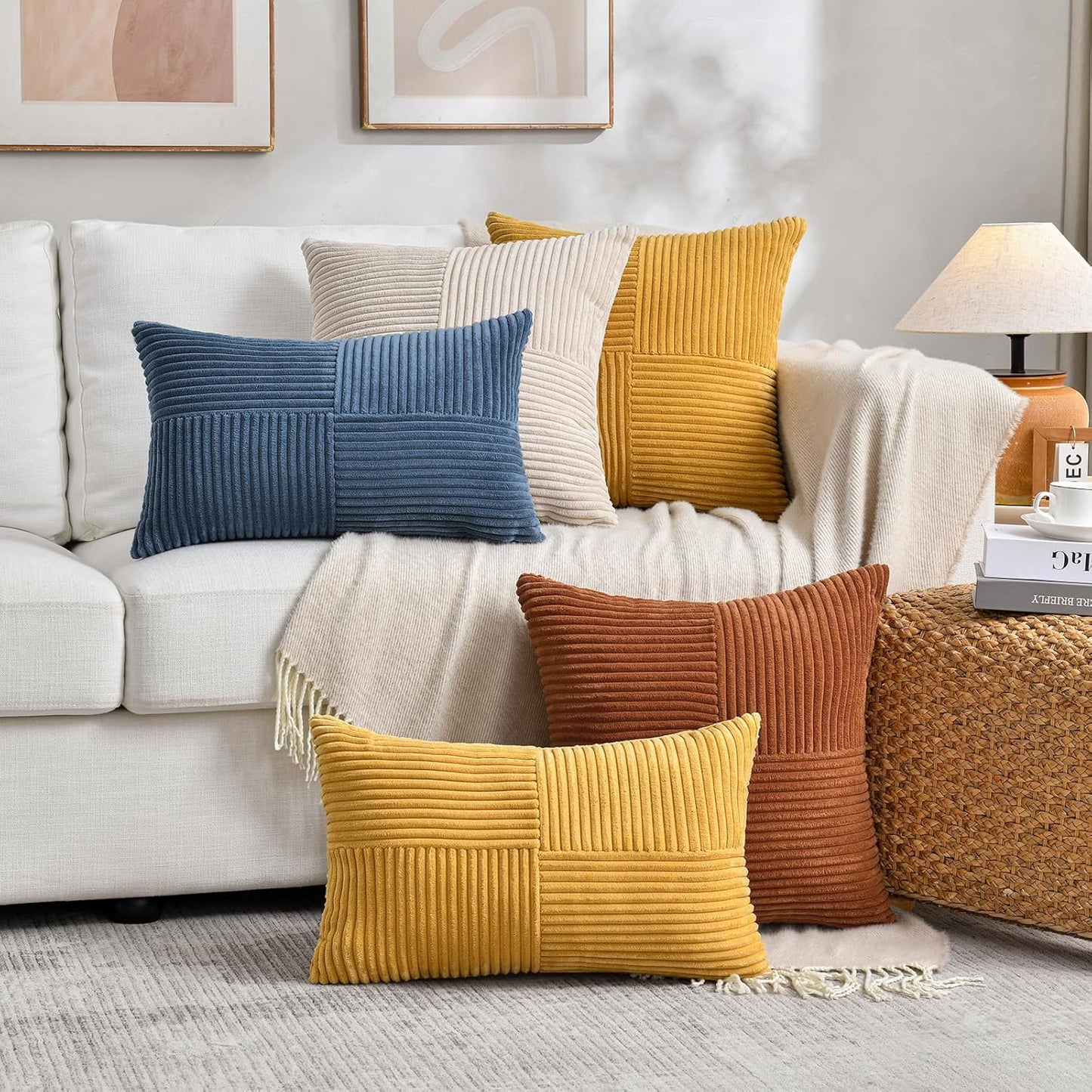 Fancy Homi 2 Packs Rust Lumbar Decorative Throw Pillow Covers 20x28 Inch for Couch Bed Sofa, Rustic Farmhouse Boho Home Decor, Soft Striped Corduroy Rectangle Accent Terracotta Cushion Case 50x70 cm