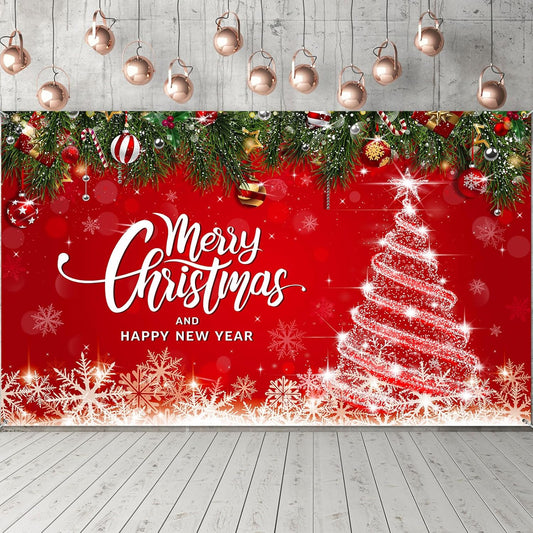 Irenare Christmas Backdrop Merry Christmas Banner Party Decoration Xmas Photography Background Photo Props for Winter Holiday New Year Eve Family Party Decoration Supplies(Tree)