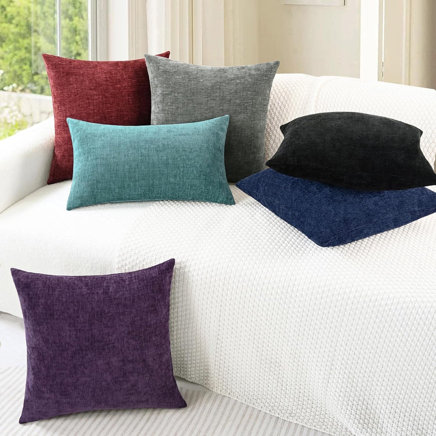 CaliTime Throw Pillow Covers Decorative 12 X 20 Inches Pack of 2 Cozy Chenille Cushion Cases for Couch Sofa Bed Living Room Home Burgundy