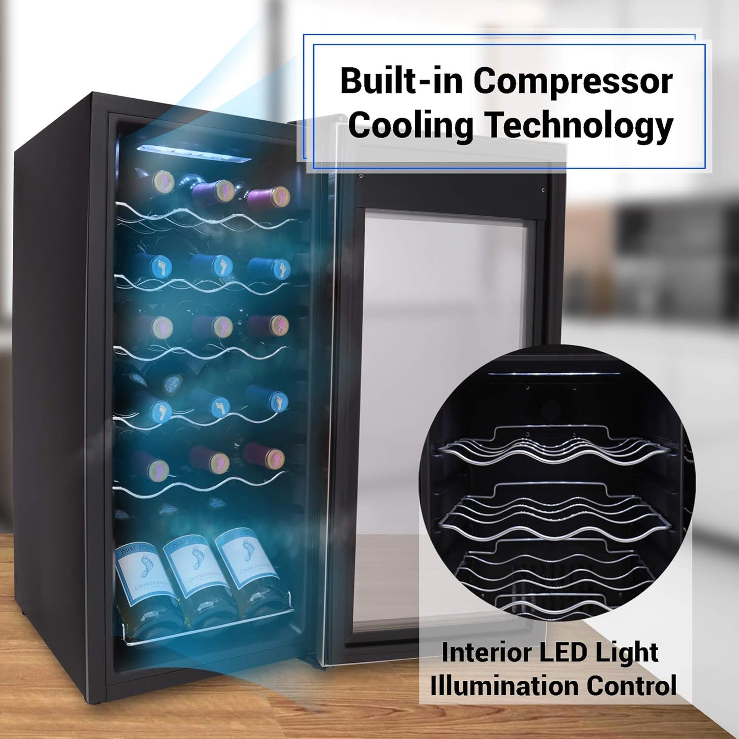 NutriChef PKCWC18 Slim Wine Fridge 18 Bottle Mini Beverage Chiller Adjustable Temp Control, 30x13x17 IN, Black