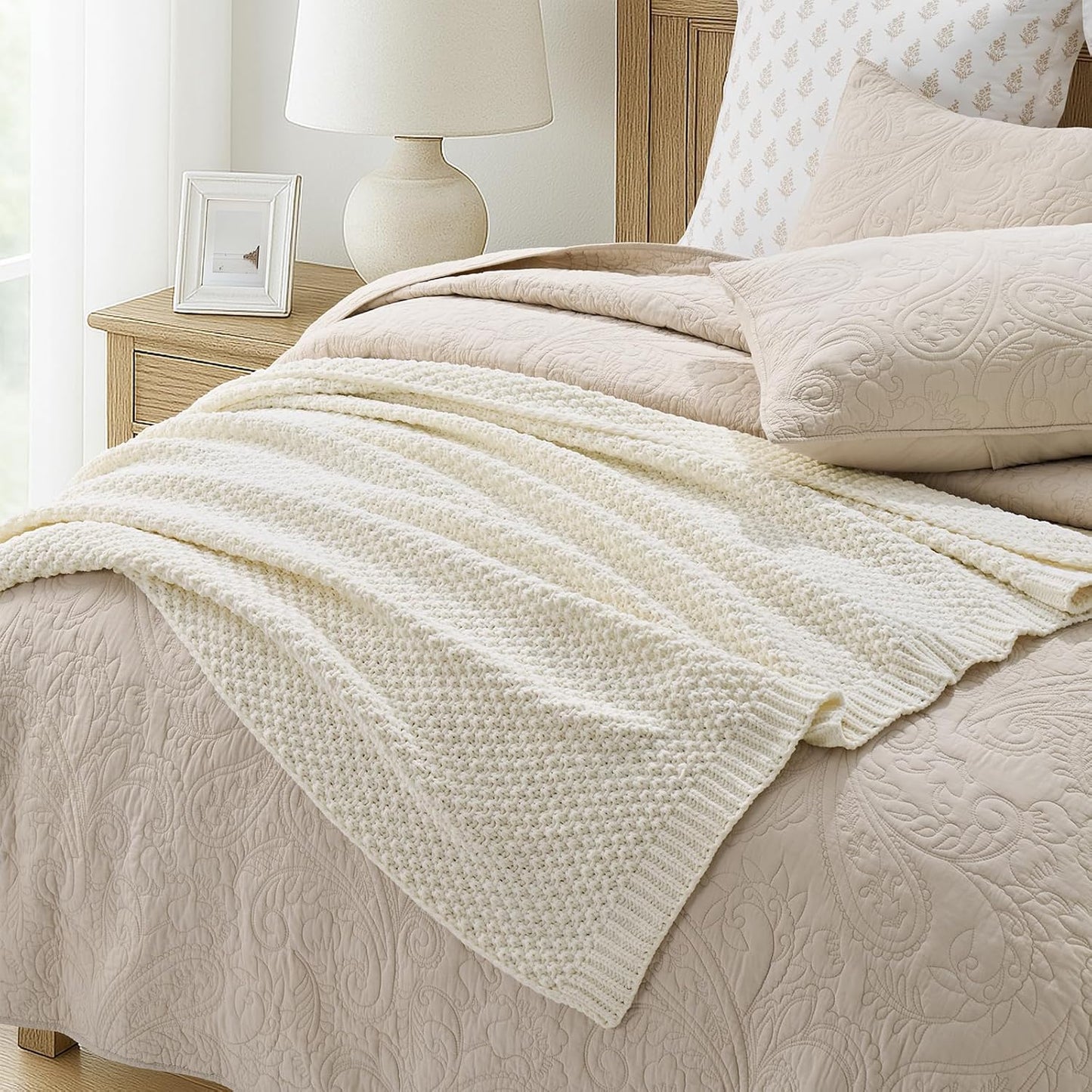 Chunky Chenille Knit Throw Blanket for Couch, Soft Luxurious Moss Stitch Blankets for Bed, Cozy Decorative Farmhouse Knitted Throws for Sofa, Ivory White, 60" x 80"