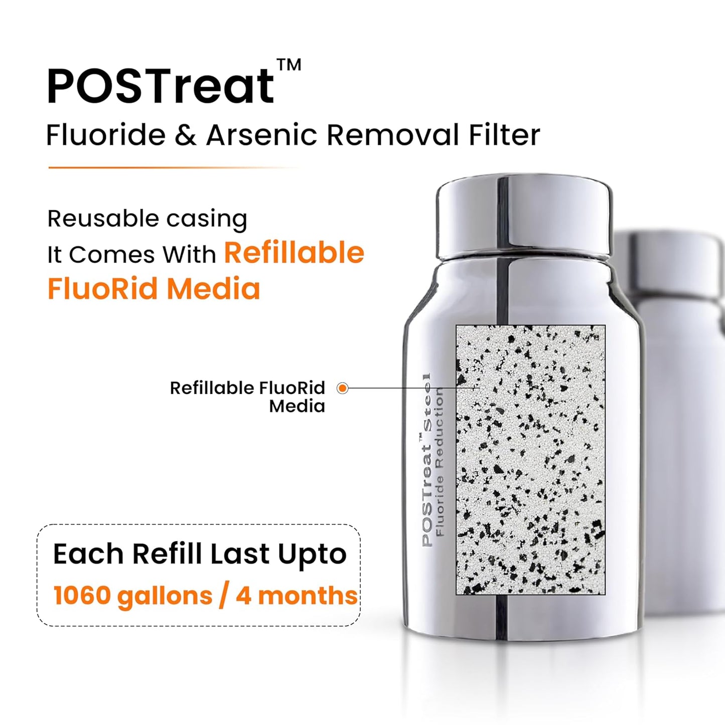 2.25 Gallons NSF Certified AISI 304 Stainless Steel Water Filter with 2 Smart Carbon (Black) Filters, 2 POSTreat Steel Fluoride Removal Elements & Free Stainless Steel Spigot