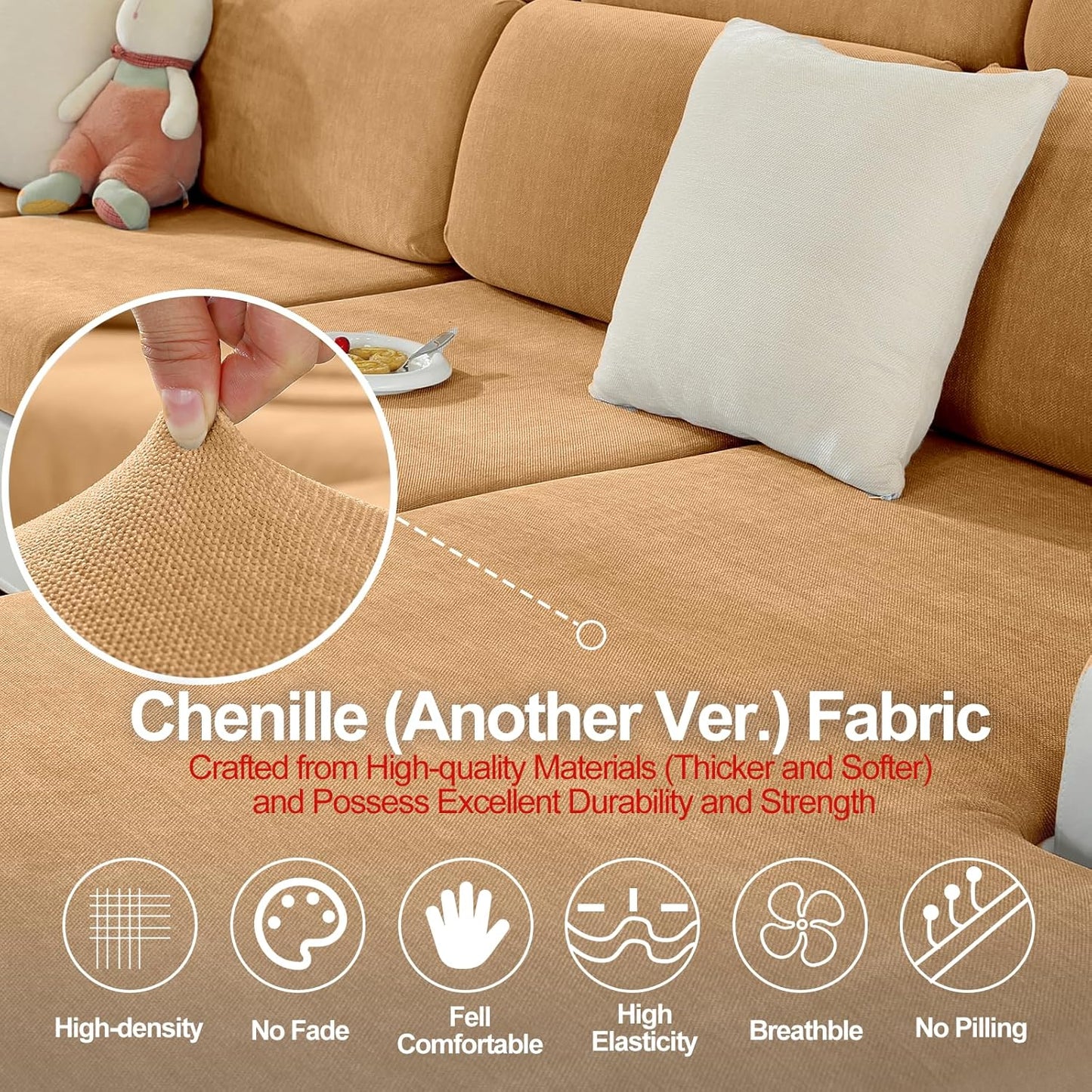 Couch Cushion Covers Individual Large Super Stretch Chenille (Softer Version) Sofa Cushion Covers, Armrest Cover Couch Slipcovers Furniture Protector (2PC, Khaki)