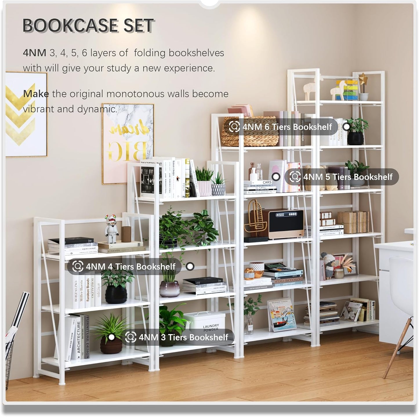 4NM No Assembly Foldable Bookshelf, 6-Shelf Collapsible Bookcase Storage for Small Spaces, 74" H, All White